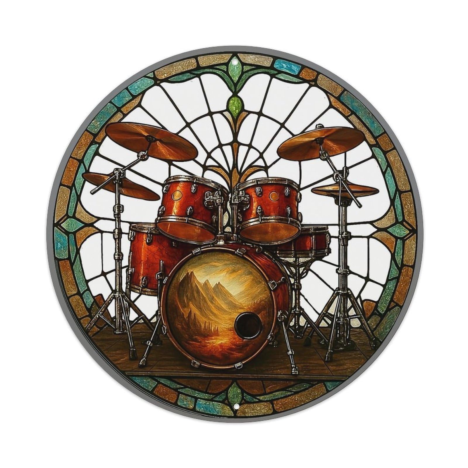 Stained Glass Drum Set Landscape Retro Metal Sign Round Tin Sign, Vintage Decor Art Poster for Bar, Home, Man Cave, Kitchen, Laundry Room Gift 8x8Inch