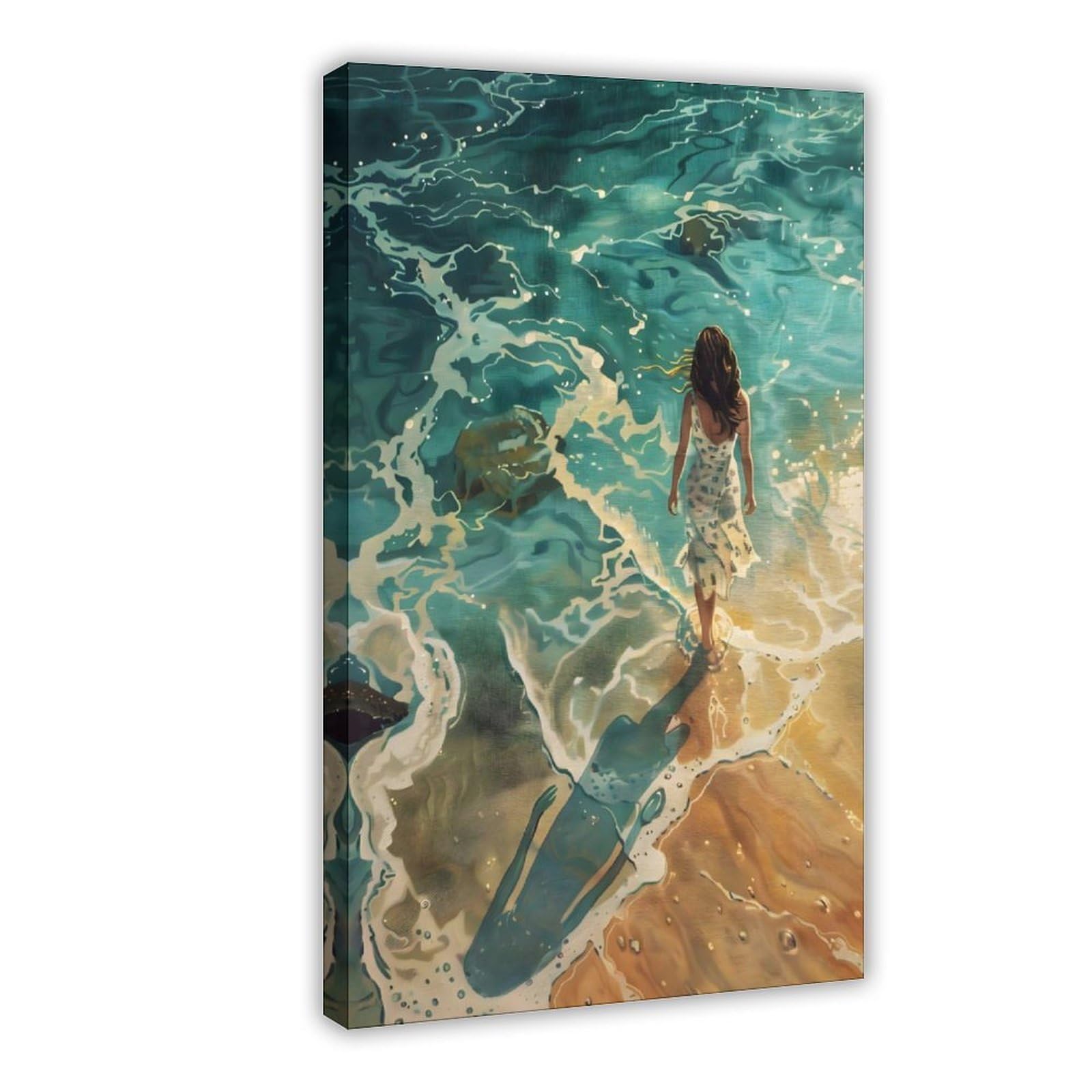 Poster su tela a tema Camminando sulla spiaggia, decorazione per camera da letto, ufficio, stanza, regalo, 40,6 cm di lunghezza x 61 cm di larghezza