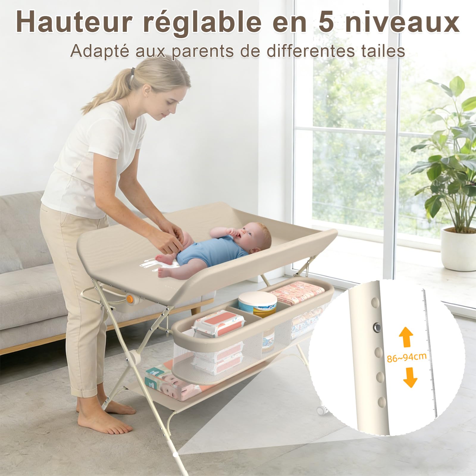 Supfine Table à Langer Pliable, Plan à Langer avec Panier Latéral et Tringle de Suspension, Réglable en Hauteur, avec roulettes Verrouillables (Crème, 4 en 1)