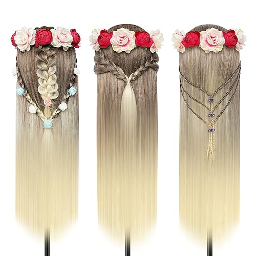 Miniatura 3 de Cabezal de entrenamiento de 28 pulgadas, cabeza de peluquería 100% fibra sintética, cabeza de entrenamiento de peluquería con abrazadera gratuita y