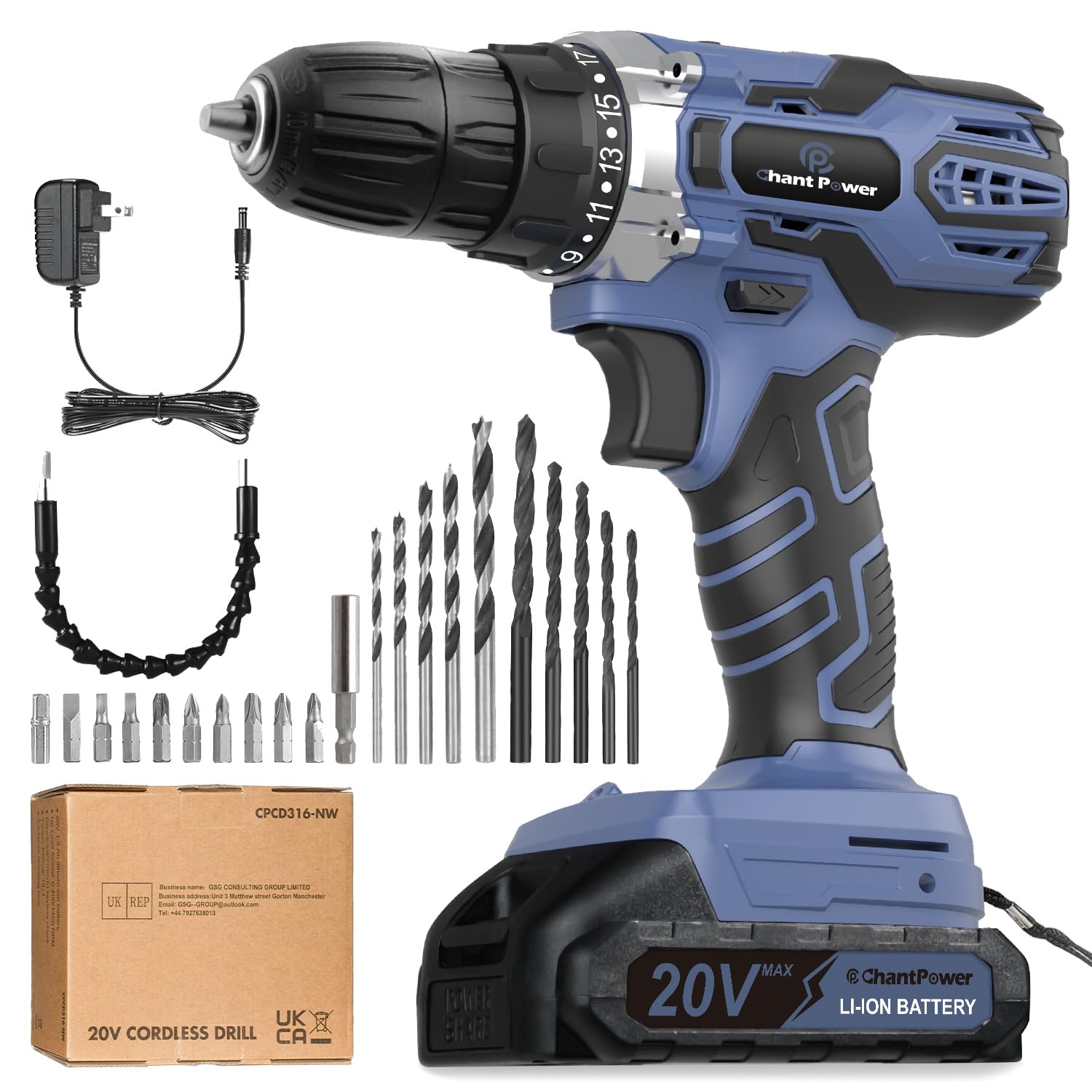 C P CHANTPOWER Cordless Power Drill, 20V Electric Drill Driver Set with Battery and Charger, 2 Variable Speed, 10mm Keyless Chuck, 19 Position and 22pcs Bits