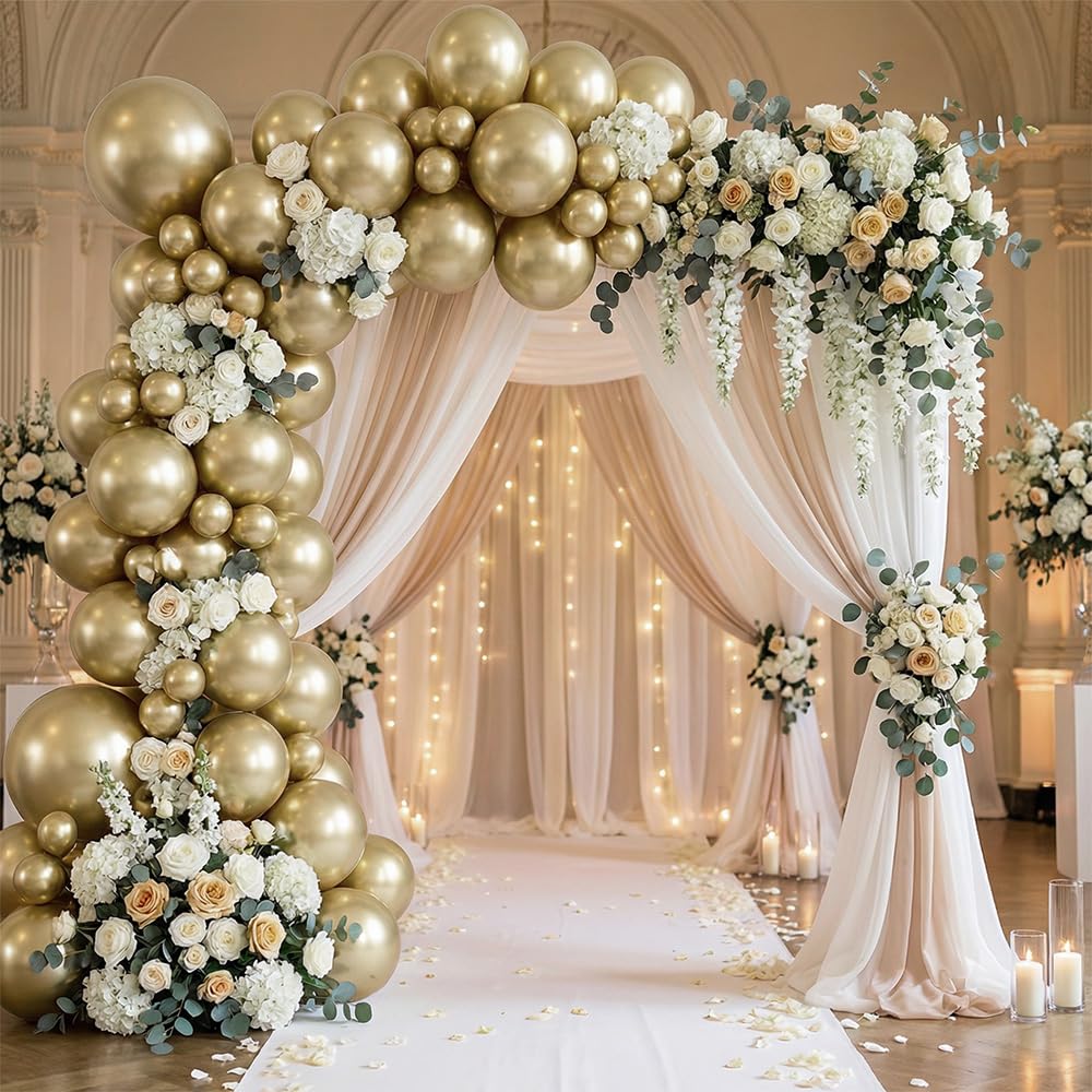 White Gold Metallic Balloons 12 Inch 100 Pack, Vintage Gold Latex Balloons with Ribbon, Helium Balloons for Balloon Garland, Wedding, Birthday & Party Decorations