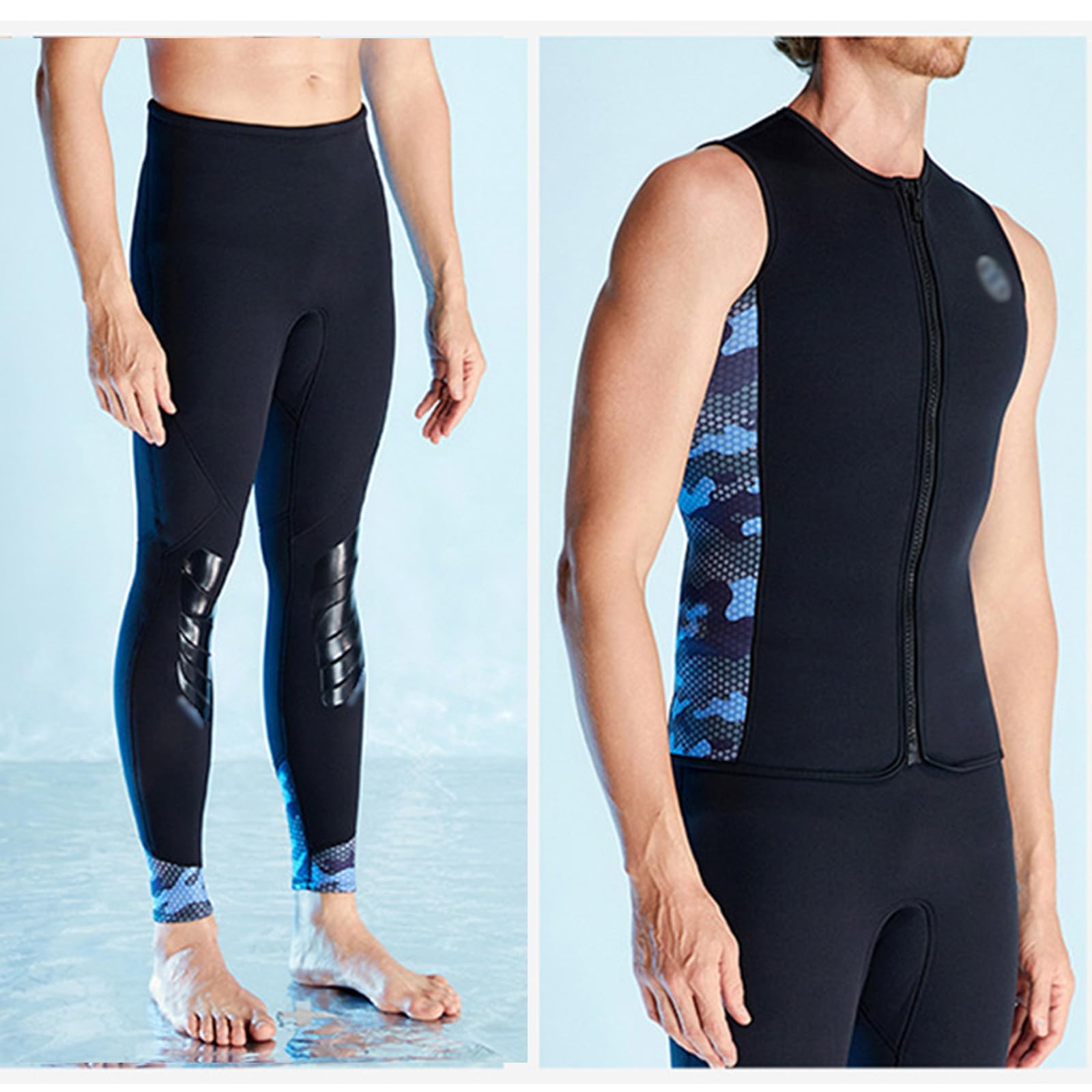 2-Pieces Split Wetsuit Top Men Women Wet Pants, Neoprene Sleeveless Swimsuit Front Zip Diving Suit,Men black,XXL