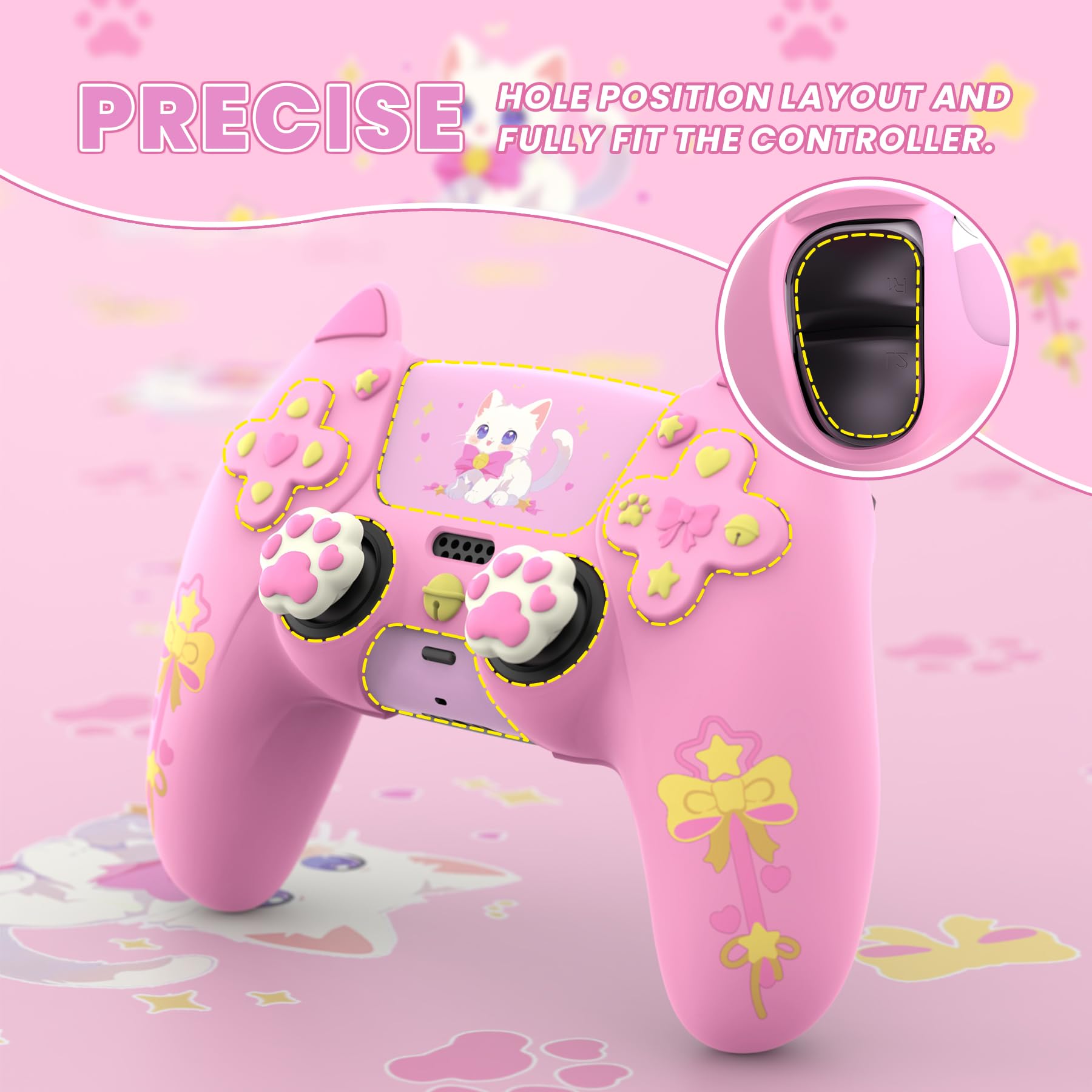 PlayVital Funda de Silicona para ps5 Mando - Cubierta Protectora con 6 Tapas de Joystick y 6 Pegatinas, Suave y Antideslizante, Compatible con Base de Carga Oficial, Sweetheart Kitty Diseño (Rosa)