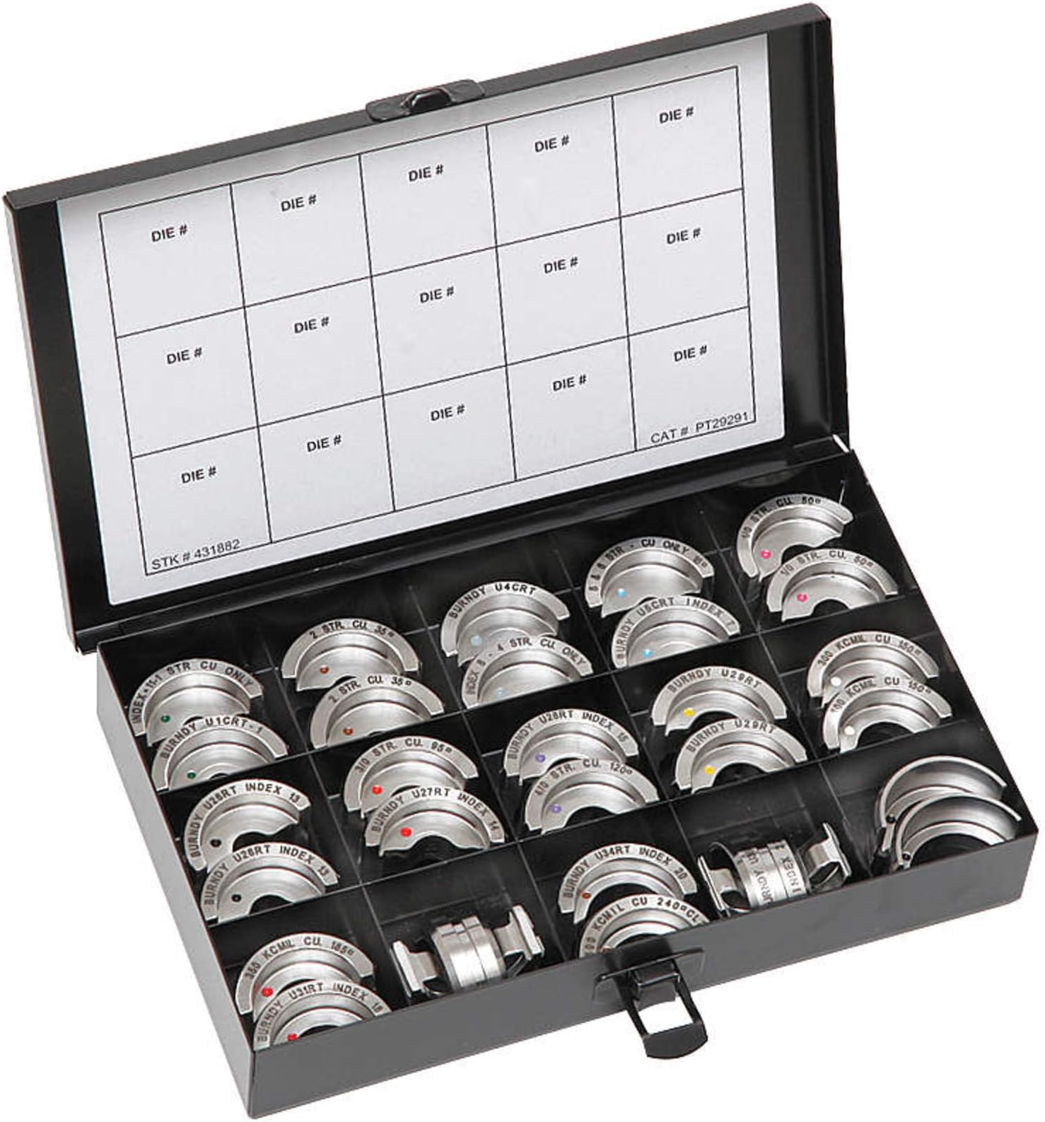 UDIEKITCU Stainless Steel U-Die Kit for Copper Connectors #6 AWG-750 kcmil. Color coded for crimping YA, and YS types of connectors.