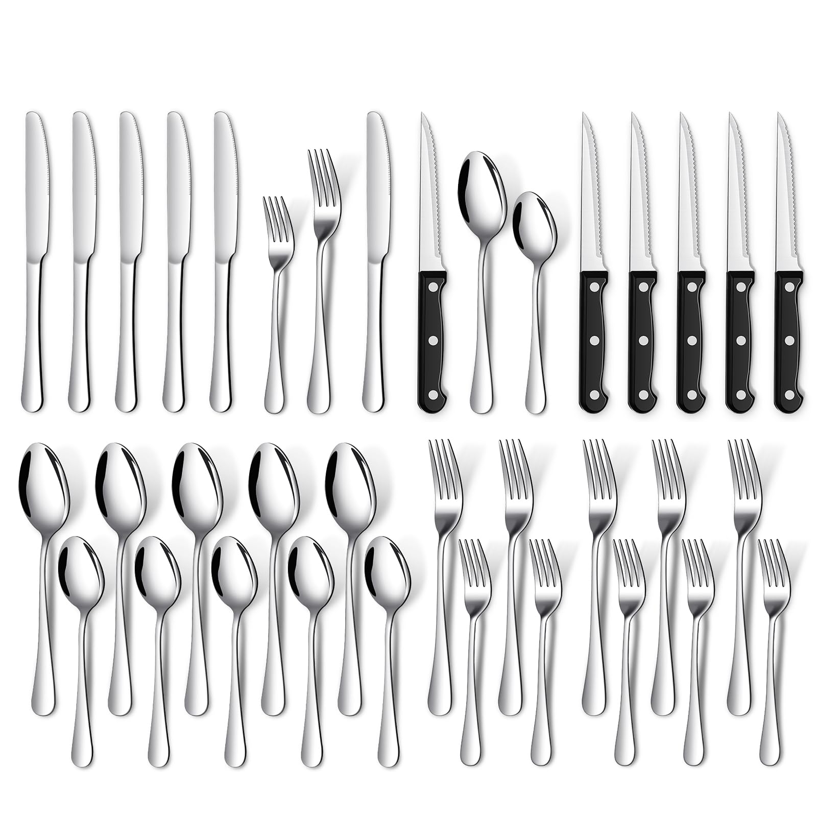 TAN REN Besteck Set 6 Personen, 36-teiliges Edelstahl Besteckset(Silber) mit Steakmesser, Elegantes Essbesteck mit Messer Gabel Löffel, Cutlery Set für Haus/Küche/Restaurant