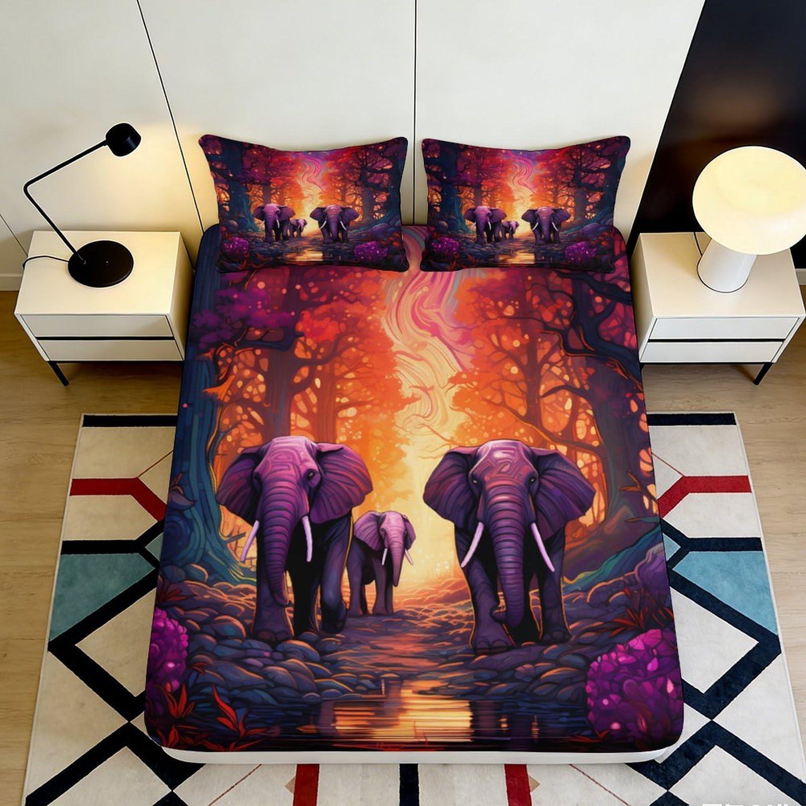 Jqzkxnhpbr Style-1 3D Printed Sunset Forest Elephant Fitted Sheet Microfiber Anti-Slip Mattress Cover For Bedroom Decor 90X200x25cm