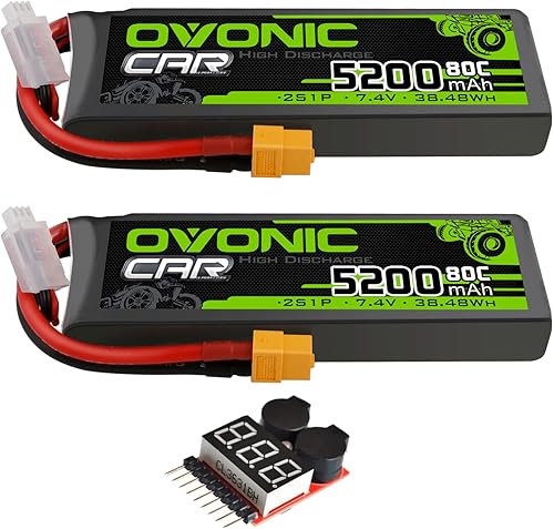 OVONIC Lipo Battery 2S 5200mAh Batería 7.4V 80C Batería con enchufe XT60 Estuche rígido para vehículos RC 18 110 Car Slash RC Buggy Truggy RC Avión