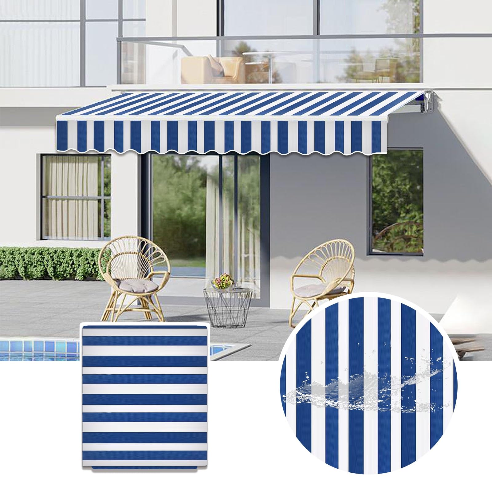 Commercial Patio Awning Top Replacement Fabric| 100% Polyester Sunshade Shelter with UV & Water-Resistant Fabric for Deck, Balcony, Yard, Coffee,Customizable(Blue White Stripes,20x10ft)