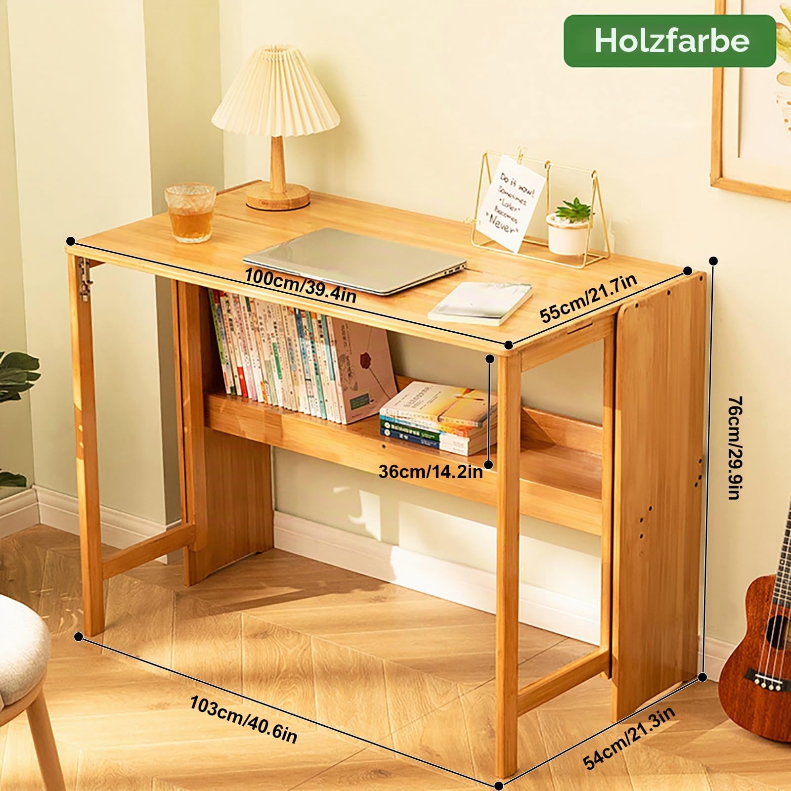 Schreibtisch Klappbar mit Bücherregal, 104 x 53 cm