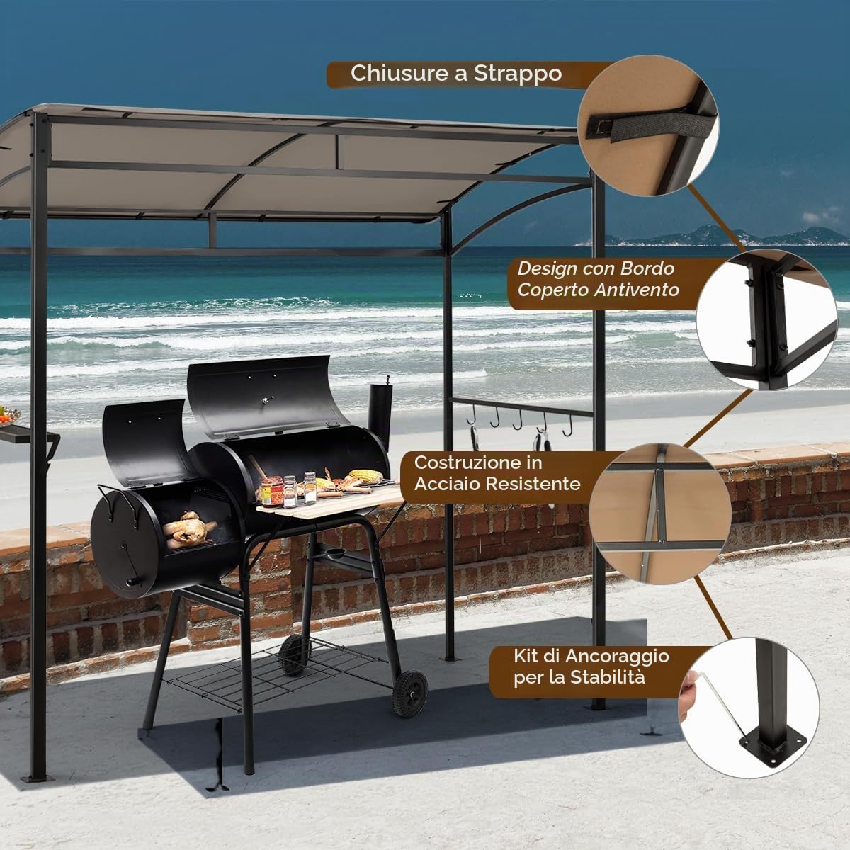 HOMASIS Gazebo Barbecue Esterno, Rifugio Barbecue con Telaio in Metallo Robusto, Tenda Ombreggiatura, Scaffale di Conservazione, 5 ganci, per Patio, Giardino, Spiaggia, Marrone, 216X134X211cm