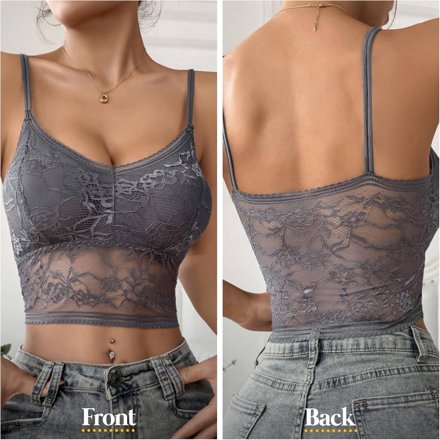 Womens Lace Camisole Bralette Top Wireless Spaghetti Strap with Contrast Lace, Adjustable Removable Padding - Image 4