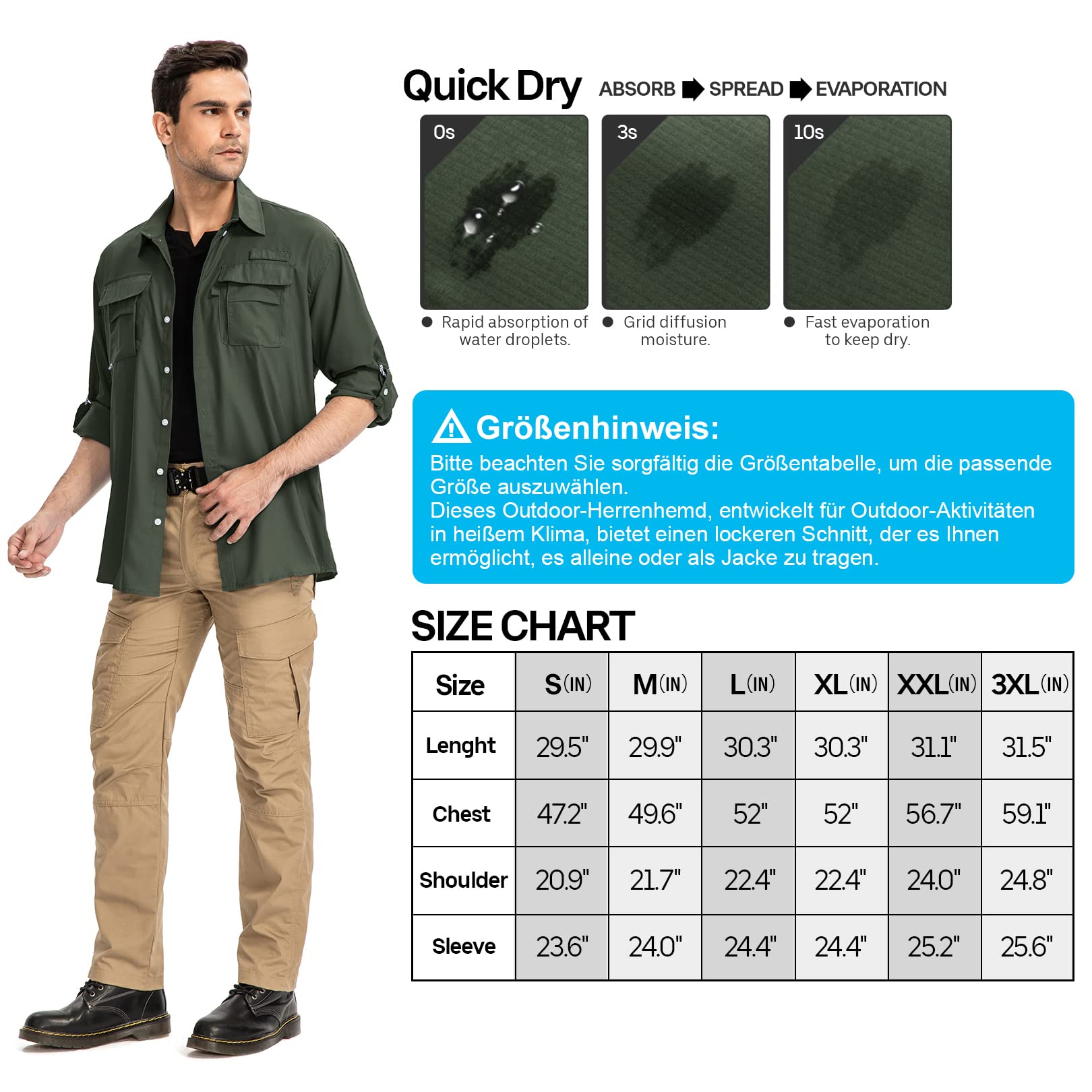 yeyity Chemise de safari à manches longues UPF50, protection UV, respirante, boutonnée, pour randonnée, pêche, trekking, Vert kaki, XXL