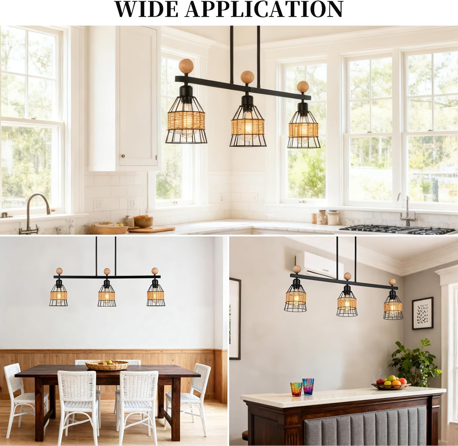 3-Light Matte Black Dining Room Ceiling Pendant Light Fixture, Farmhouse Kitchen Chandeliers Over Table, Linear Rustic Island Light Fixtures with Metal & Rattan Lampshade, Height Adjustable