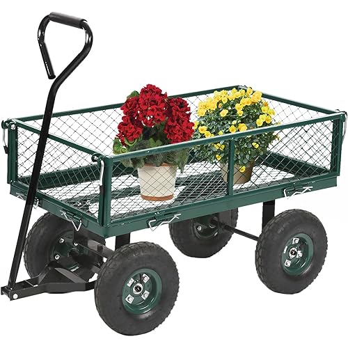 PayLessHere Heavy Duty 500 Lbs Capacity Mesh Steel Garden Cart Folding Utility Wagon with Removable Sides for Beach Lawn Yard Landscape