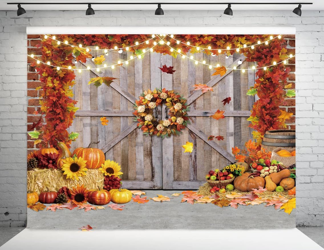 10X8FT Fall Thanksgiving Backdrops Fall Pumpkin Harvest Barn Backdrop Hay Maple Leaf Thanksgiving Party Banner Photo Background Studio Props DH-900