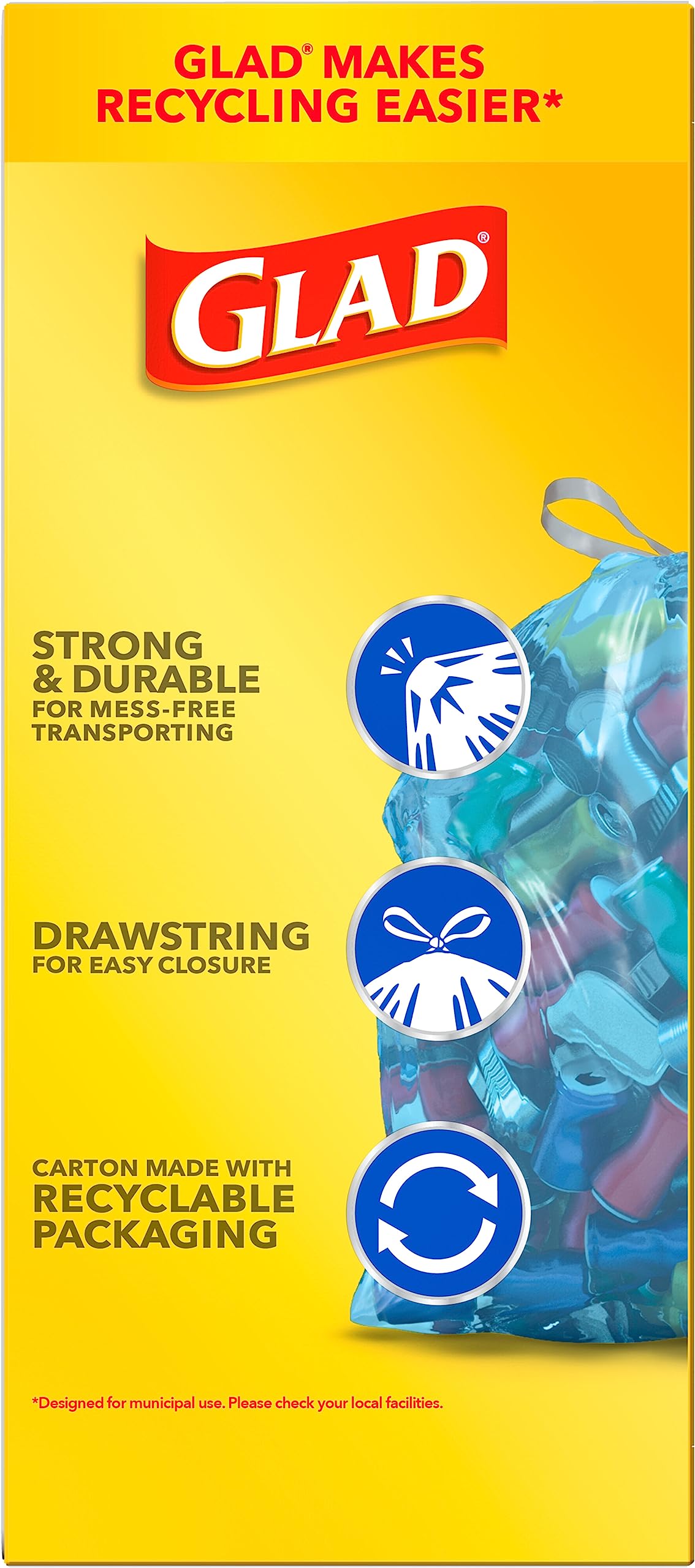 Glad Large Drawstring Recycling Bags, Blue, 30 Gallon, 28 Count, Pack