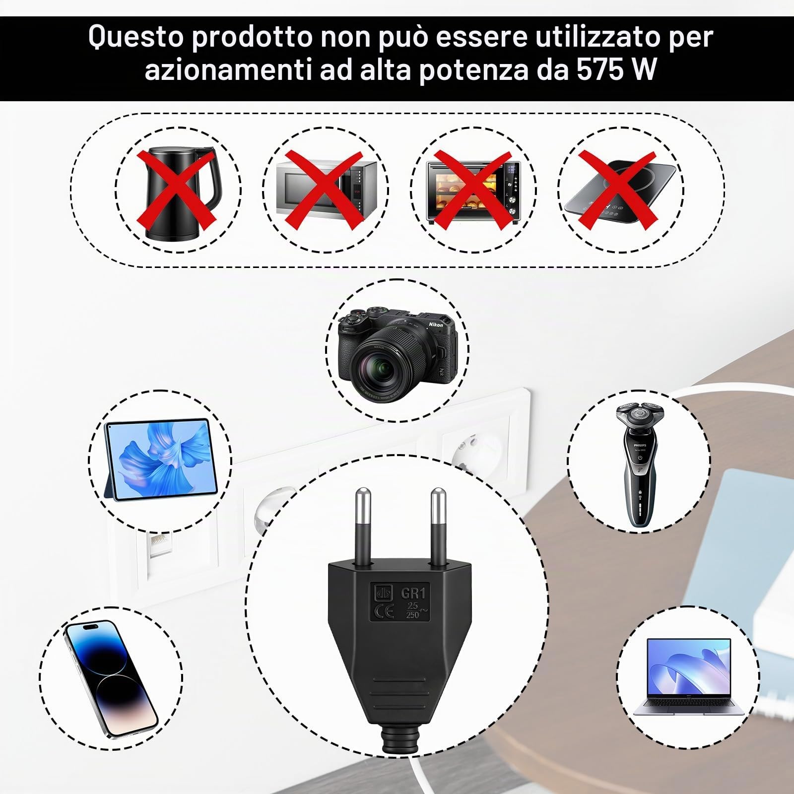 Starvortex 8 Pezzi Spine Europee Piatte, Spine Elettriche da 250V 2,5 A, Spine Piatta Salvaspazio con Cacciavite Incluso, Colore Nero. Adatte per Elettrodomestici e Uso in Viaggio