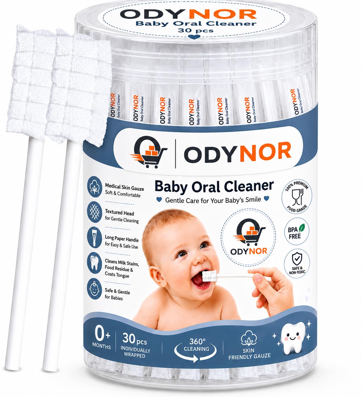 ODYNOR 30 PCS Baby Tongue Cleaner & Oral Cleaning Swabs for Newborns and Infants, Disposable Gauze Mouth Swabs, BPA Free, Individually Wrapped Oral Care Sticks, 0-36 Months