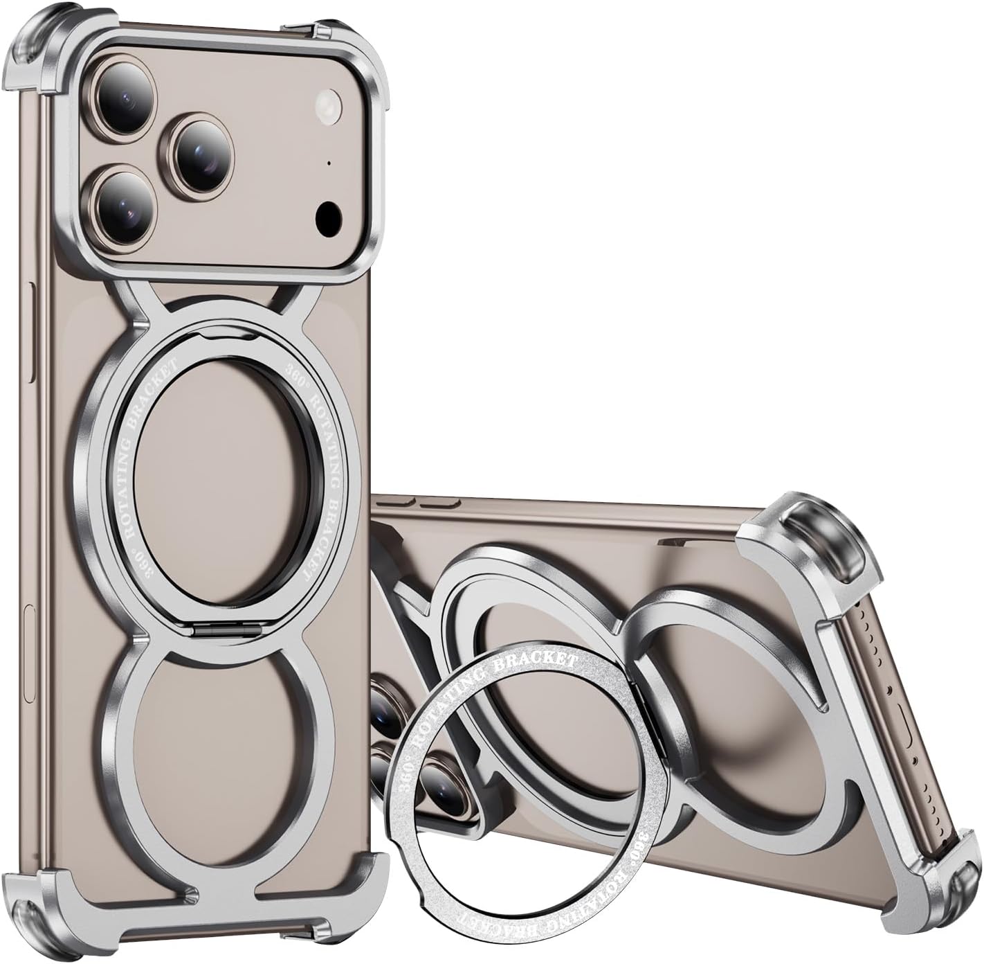 Skeleton Case for iPhone 17 Pro Max, Titanium Metal Frame with 360° Magnetic Ring Stand, Military-Grade Drop Protection, Shockproof Bumper, Compatible with MagSafe(Silver)