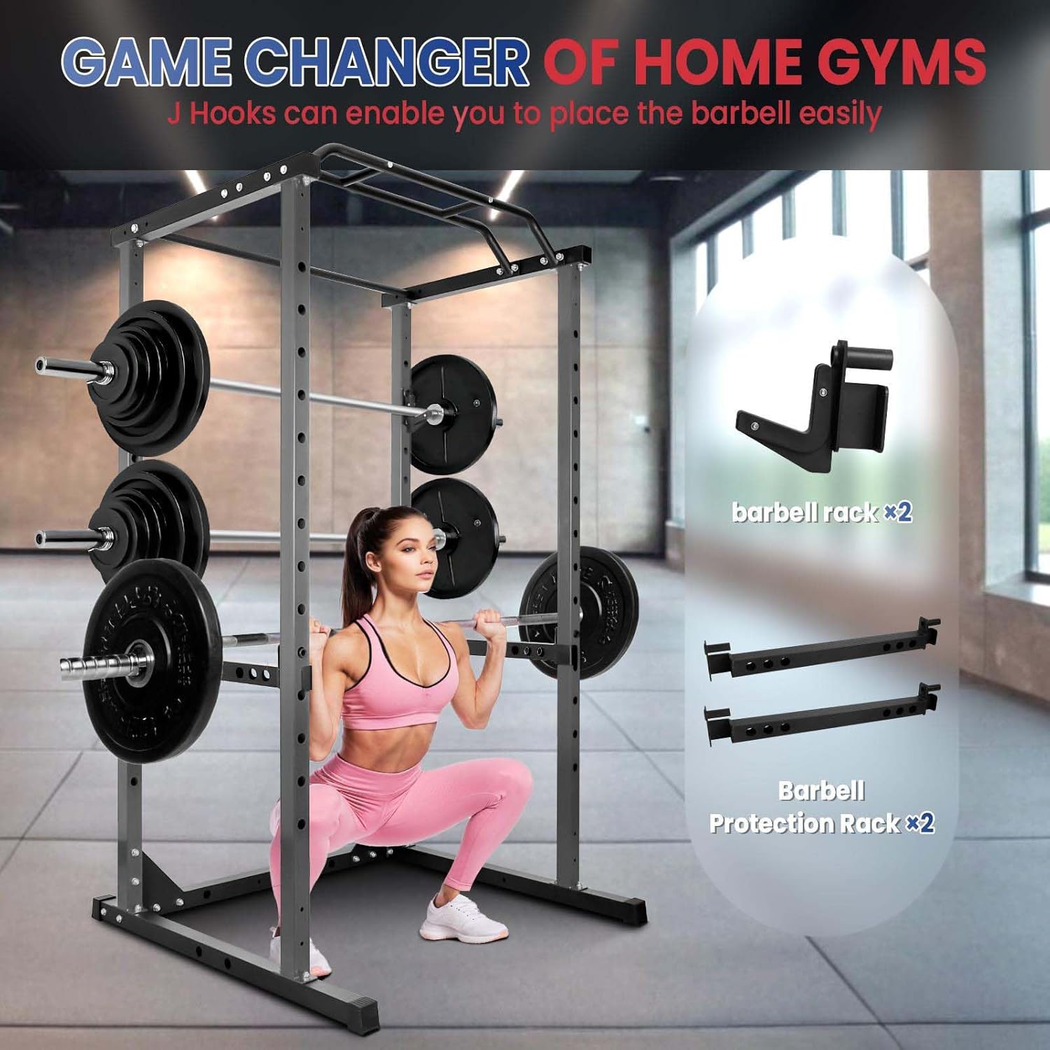 Squat Rack for Home Gym, 1200lbs Power Cage, Multi-Functional Power Rack with Adjustable J-Hooks & Safety Arms, Heavy Duty Carbon Steel Squat Cage for Training&Relaxing