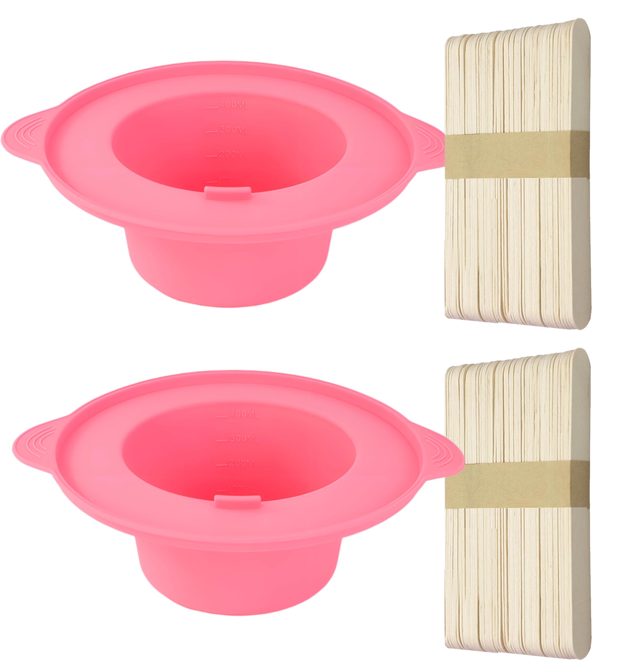 14 oz Silicone Wax Warmer Liner, Silicone Wax Bowl for Wax Warmer, Non-Stick Wax Melt Warmer Wax Pot, Reusable Wax Melt Liner with 100 Pcs Waxing Sticks Body Hair Removal Sticks (2pcs Pink)