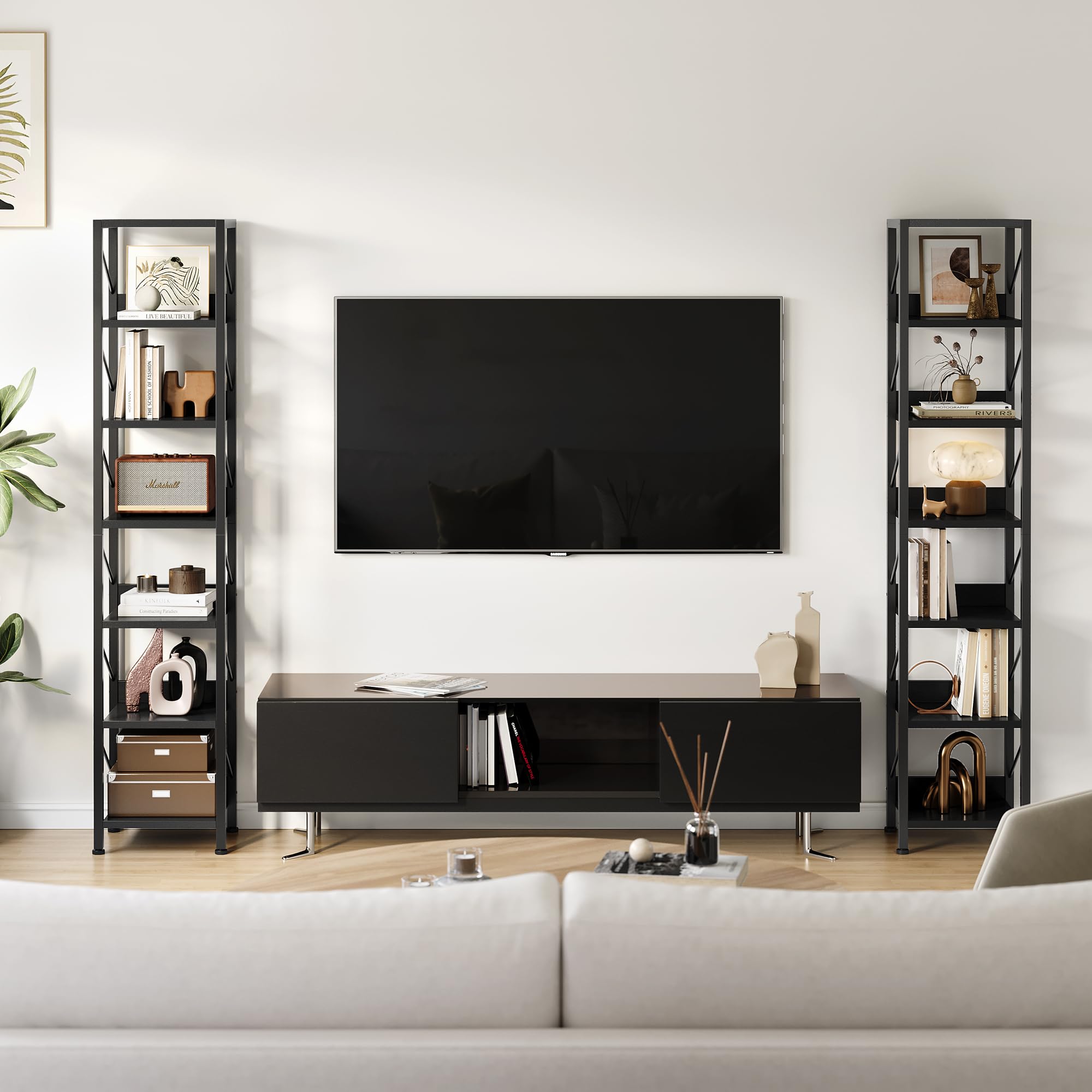 Schmales hohes Bücherregal, 6 Ebenen Standregal im Industrial-Design – Metallrahmen – verstellbare Füße – Anti-Kipp-Set – platzsparend für Wohnzimmer/Schlafzimmer/Home Office, Schwarz