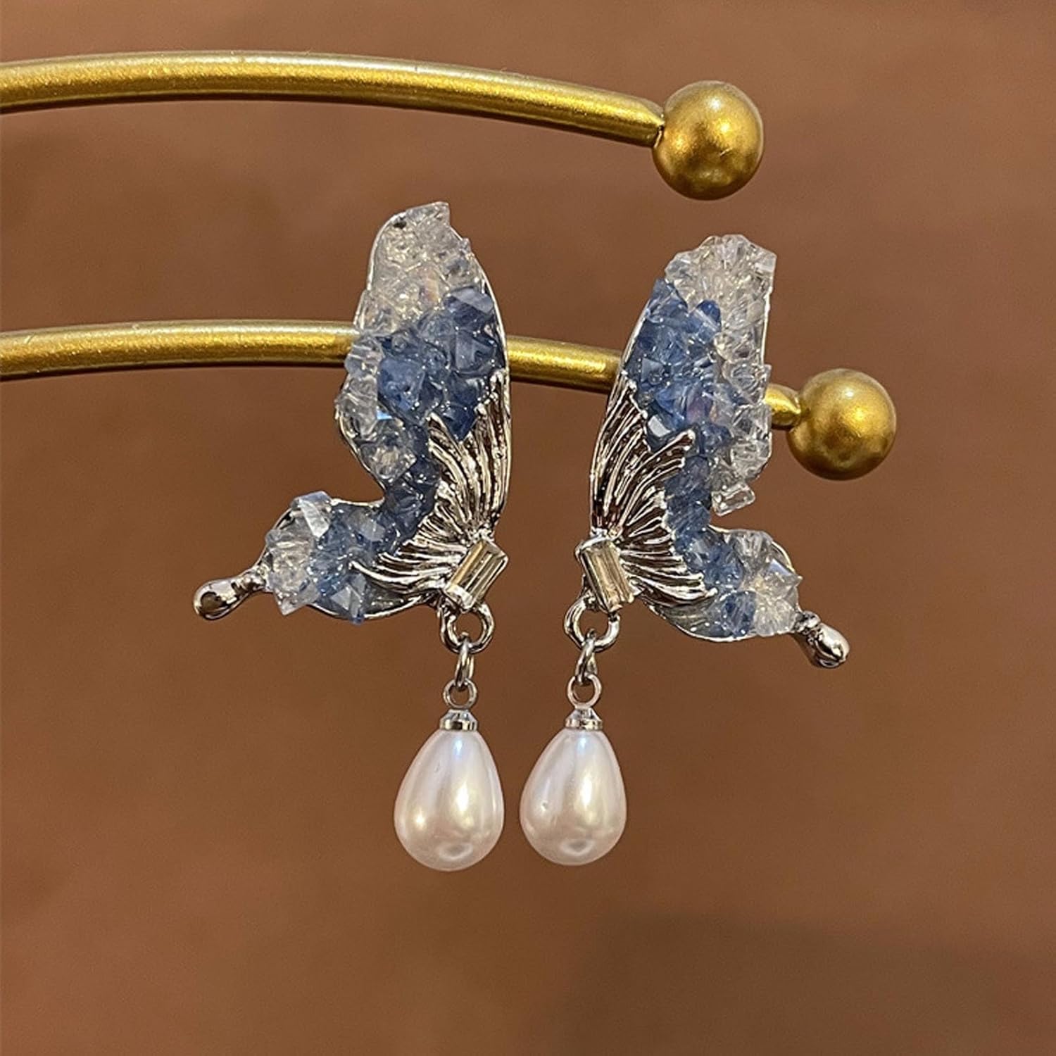 Silver Pearl Earrings Rhinestone Butterfly Earrings for Women,Shiny Drop Dangle Butterfly Colorful Earrings Statement Stud Earrings Gift - Image 4