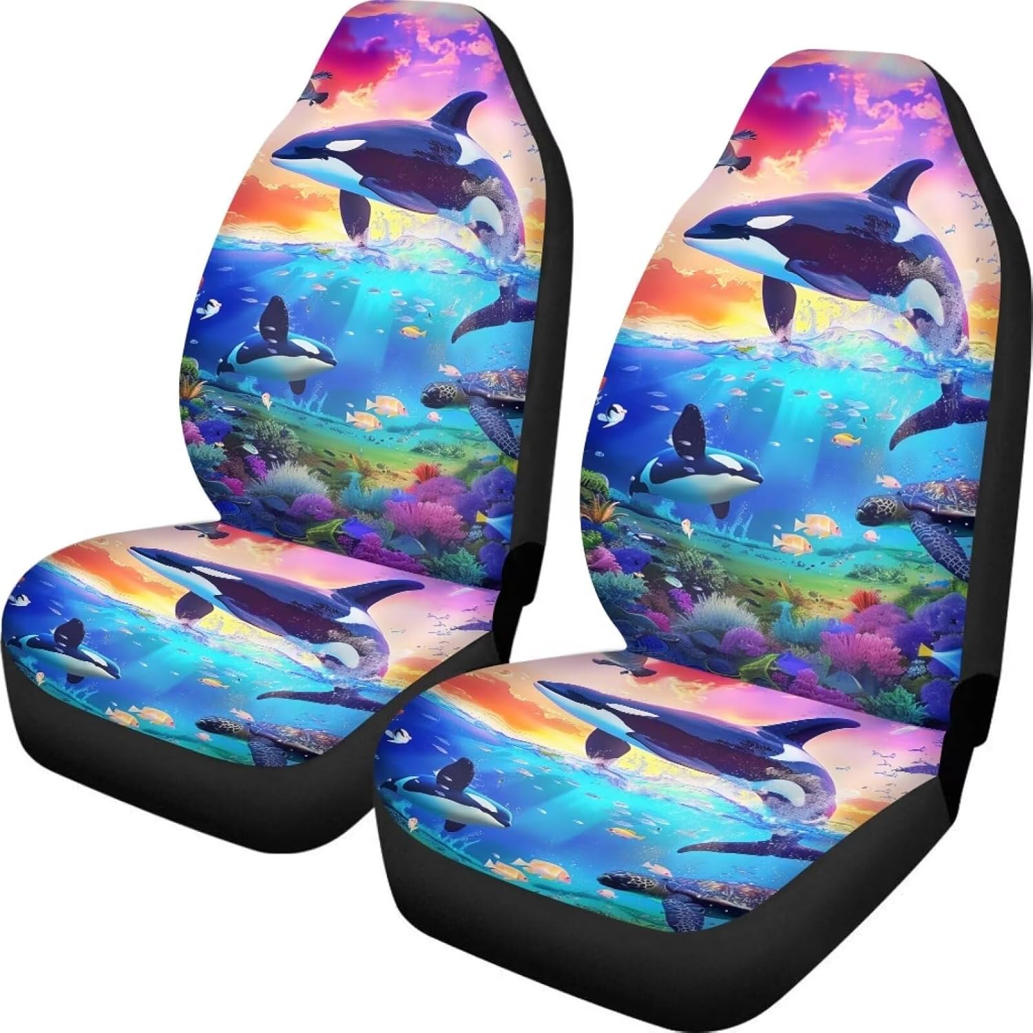 Killer Whale Car Seat Covers for Women Sea Turtle Universal Auto Front Seats Protector Fits Carts SUV Sedan Truck Van Sea Ocean Automotive Interior Accessories Decor Set of 2 Breathable