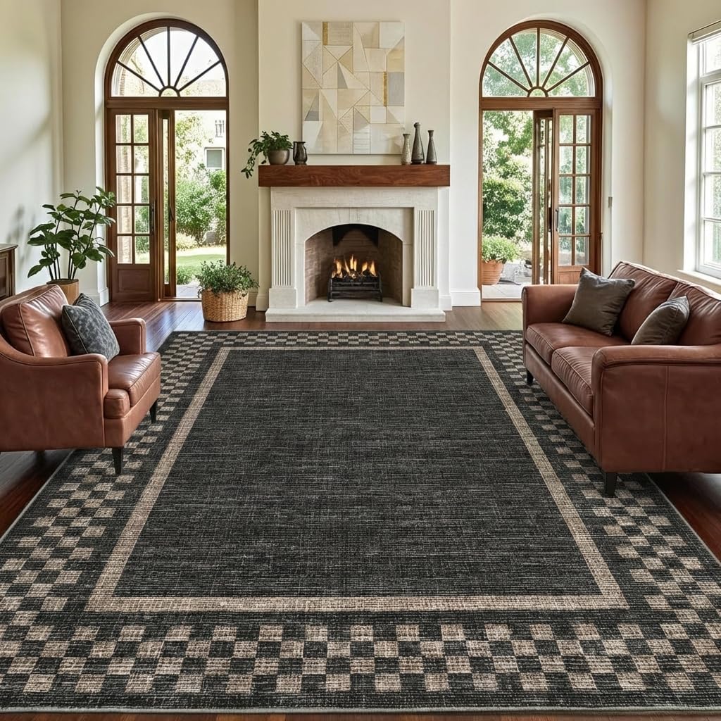 Garvee Washable Area Rug 8x10 Rug Bordered Solid Rugs for Living Room Non-Shedding Stain Resistant Large Checkered Neutral Rugs Non-Slip Bedroom Carpet for Apartment Farmhouse, Black