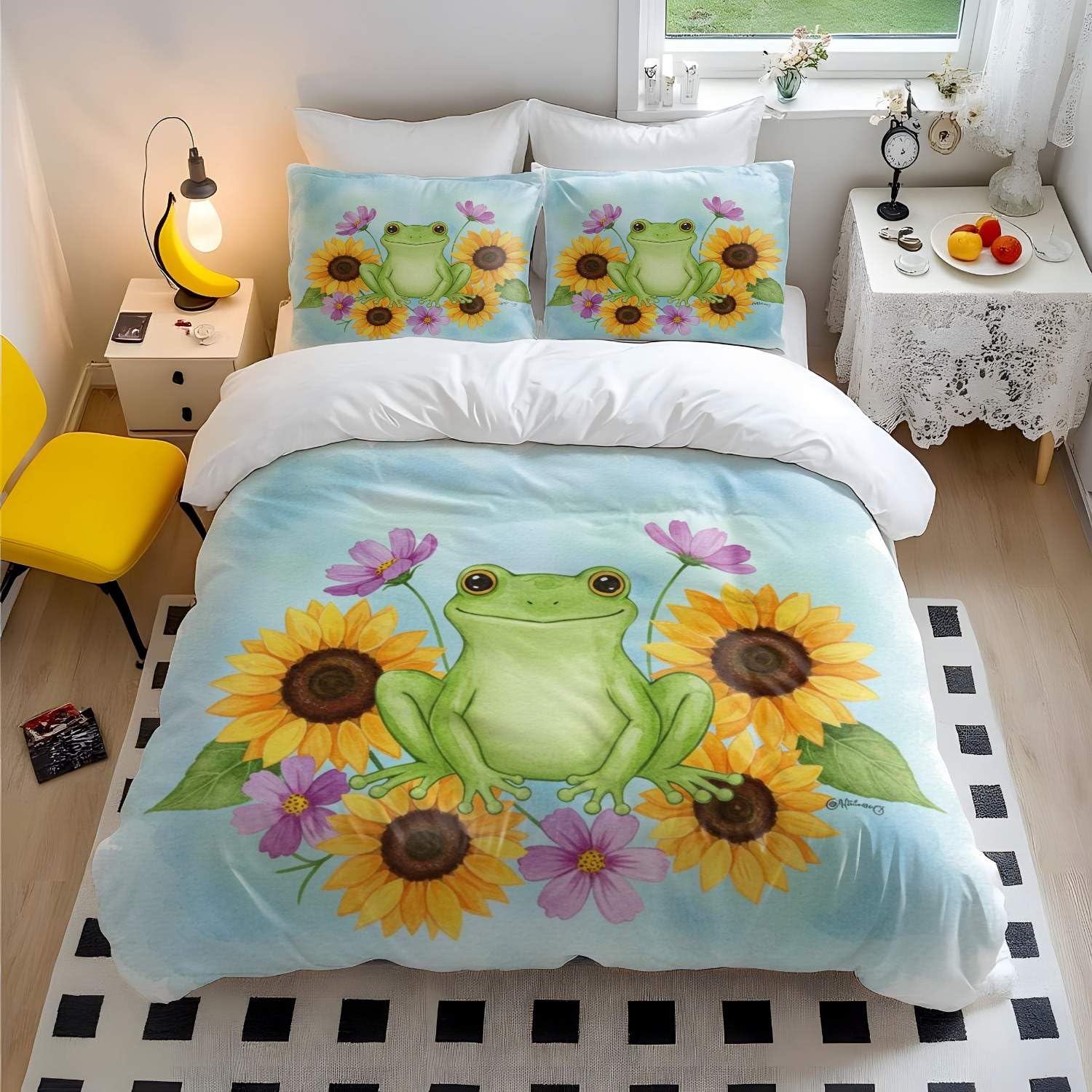 Housse de couette grenouille et tournesol pour parure de lit enfant douce et rassurante