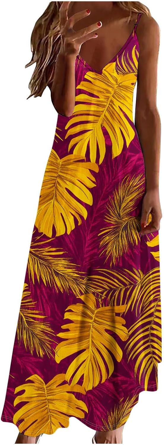 Women's Floral Print Casual Sundress Summer Maxi Sleeveless V Neck Dress Spaghetti Strap Boho Beach Travel Dresses