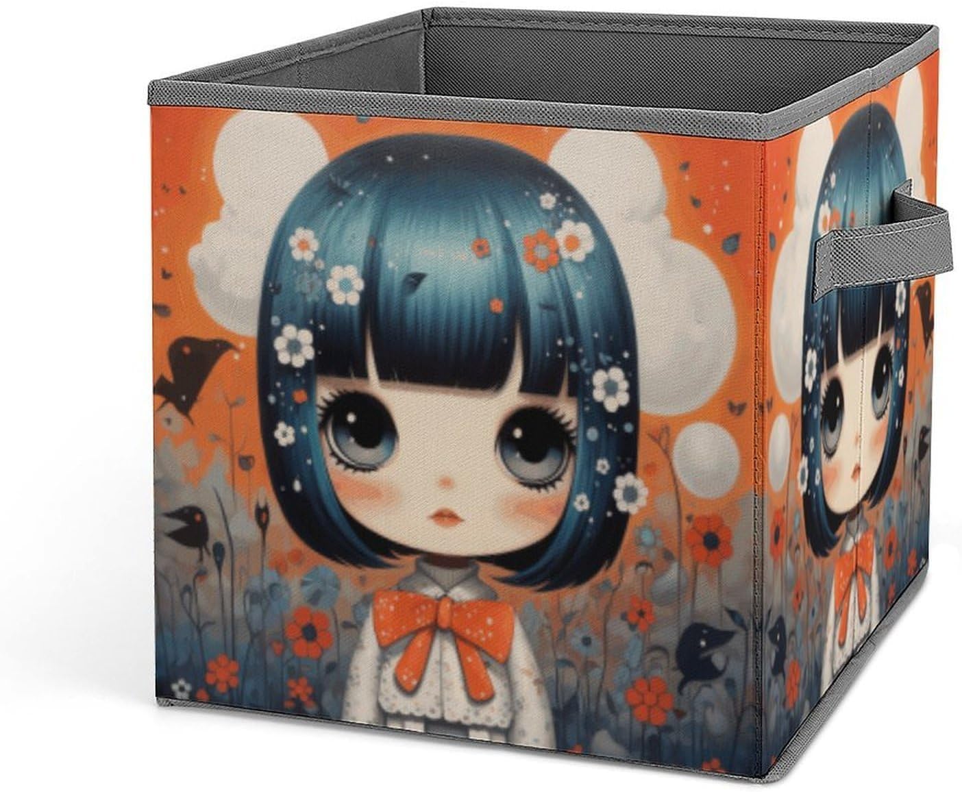 Foldable Storage Cube Bin with Handle 11 Inch Collapsible Oxford Fabric Storage Box Anime Girl Pictures Decorative Clothing Storage Basket for Home Shelves Closet Organizer