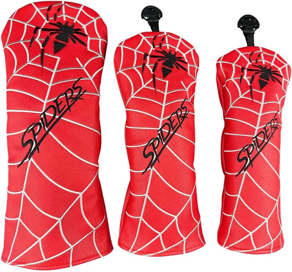 Golf Club Head Covers for Driver Hybrid and Fairway Woods, Waterproof Leather Headcovers for Golf Clubs, Ideal Golf Accessories Gift for Men Women (Red Spider Web Design) (1 Set (S,M,L))