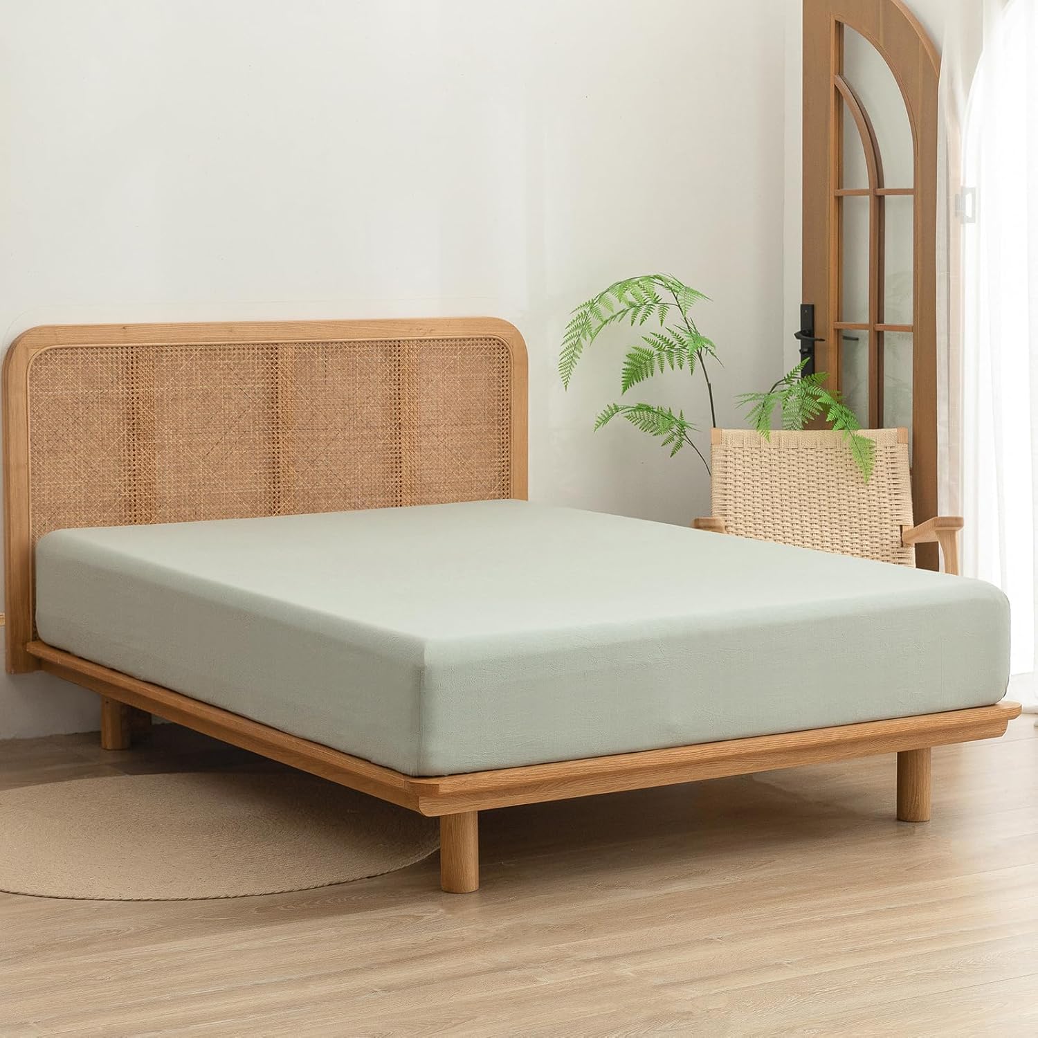 BESTOUCH Fitted Sheet Only 100% Washed Cotton Linen Feel Easily Fits Deep Pockets up to 17 inch Solid Sage Green Queen