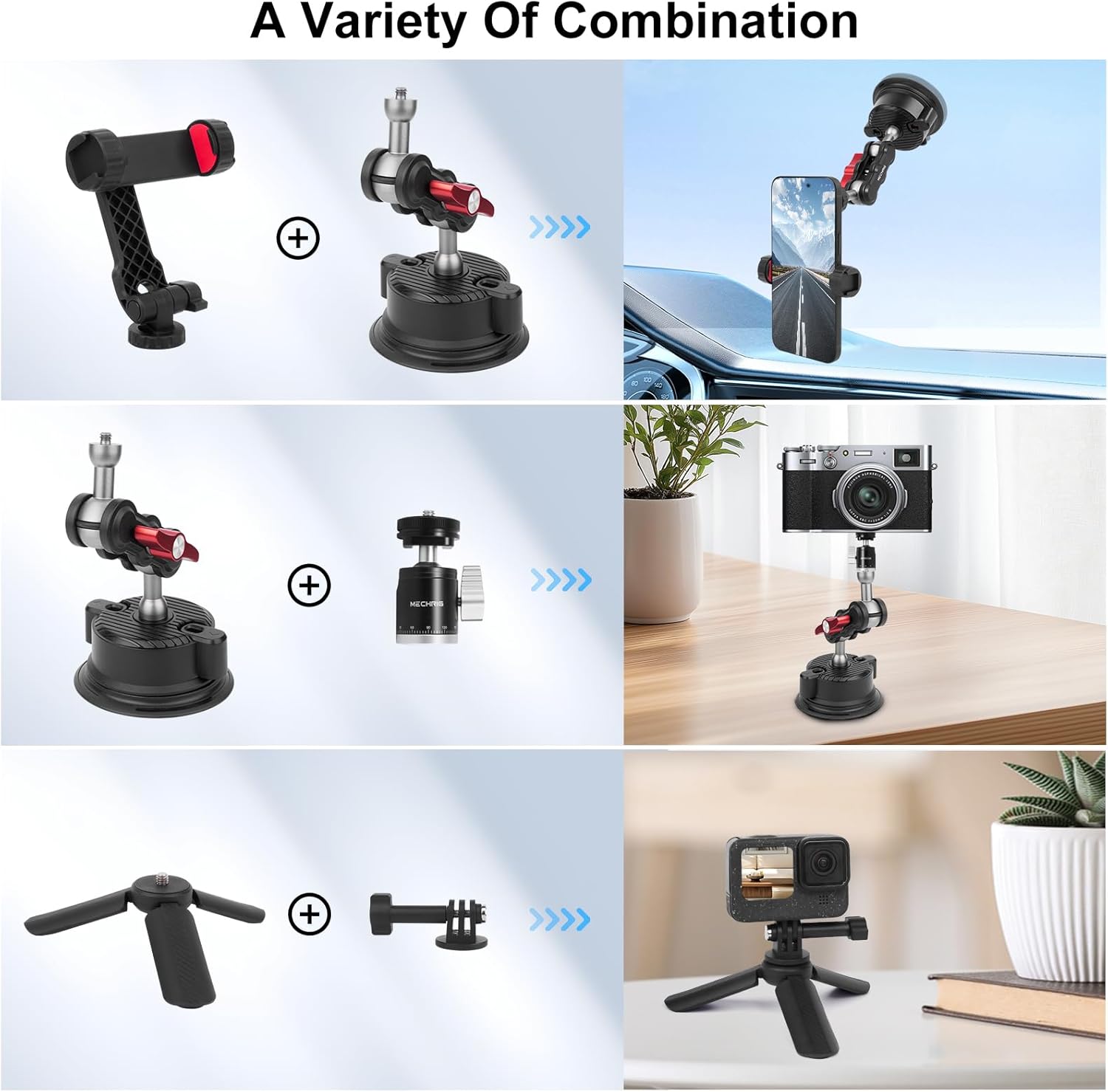 Versatile Camera Suction Cup Mount Kits with Mini Tripod& Phone Holder&Tripod Mount Adapter-360°Rotating &1/4" Screw/Dual Cold Shoe Compatible with 13/12/X4/X3 Action Camera/Cellphone,JC020