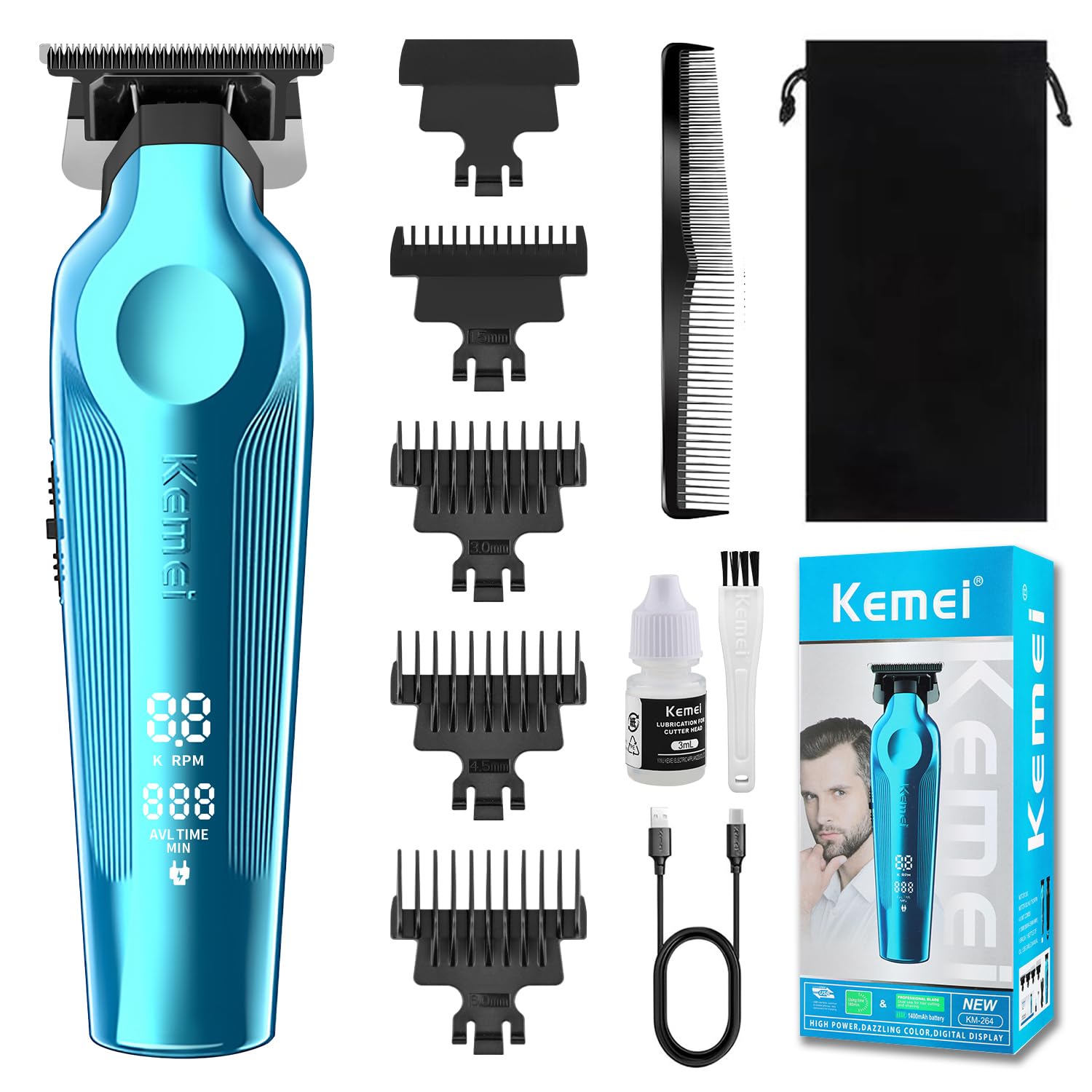 KEMEI 264 - Cortapelos para hombres profesionales, recortadora de barba sin huecos, recortadora eléctrica de peluquería, cortadora de pelo inalámbrica, cortadora de pelo recargable para hombre,