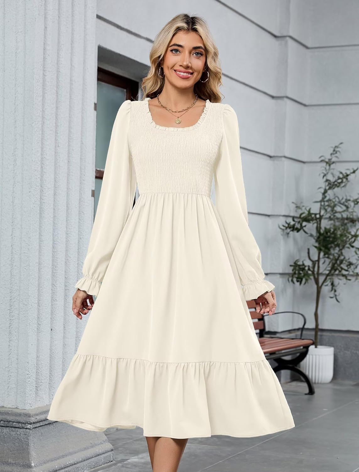 ZAFUL Womens 2025 Fall Square Neck Smocked Dresses Long Puff Sleeve Casual Flowy A Line Tiered Midi Dress - Image 6