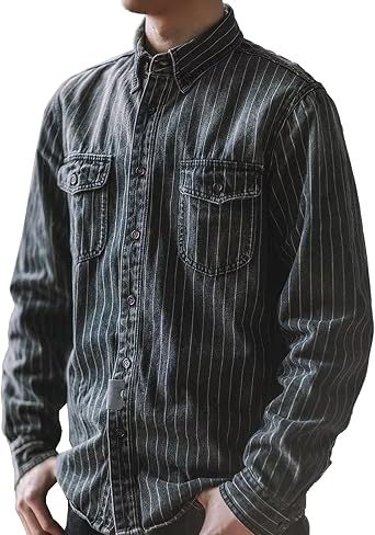 JEShifangjiusu Mens Retro Striped Denim Cargo Shirt Vintage Striped Shirt Jacket Loose Washed Shacket Denim Coat