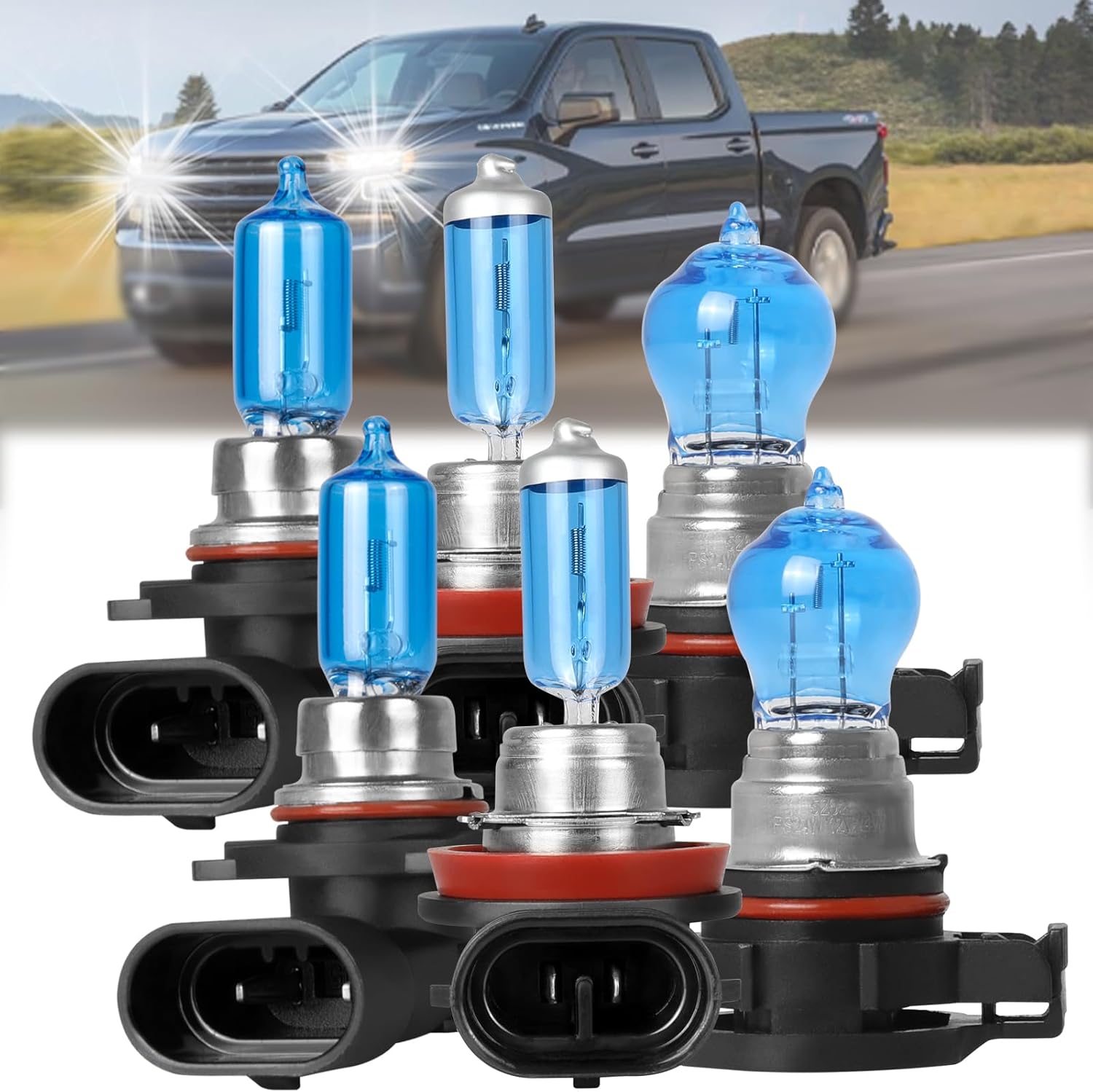 Fit For Chevrolet Silverado 1500(2007-2015) Chevy Silverado 2500 HD 3500 HD(2007-2019) Halogen Headlight Bulbs,9005/HB3 High Beam+H11 Low Beam+5202 Fog Light Bulb Replcement,Bright White,Pack of 6