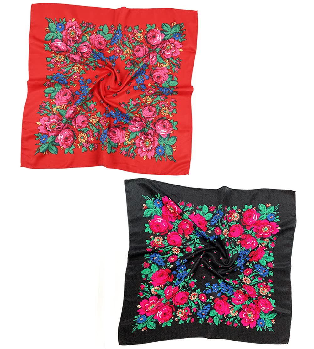 2 PCS Russian Ethnic Scarf Square Head Hair Scarves Printed Cotton Flowe Neck Scarf for Women Girls
