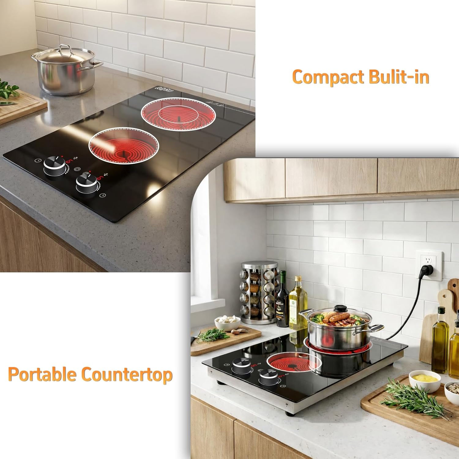 2 Burners Electric Cooktop 12 Inch, 1800W Knob Control Electric Stove Top Burner Hot Plate, 110V-120V Bulit-in & Countertop Ceramic Radiant Stove with Timer, Multi-Ring Control