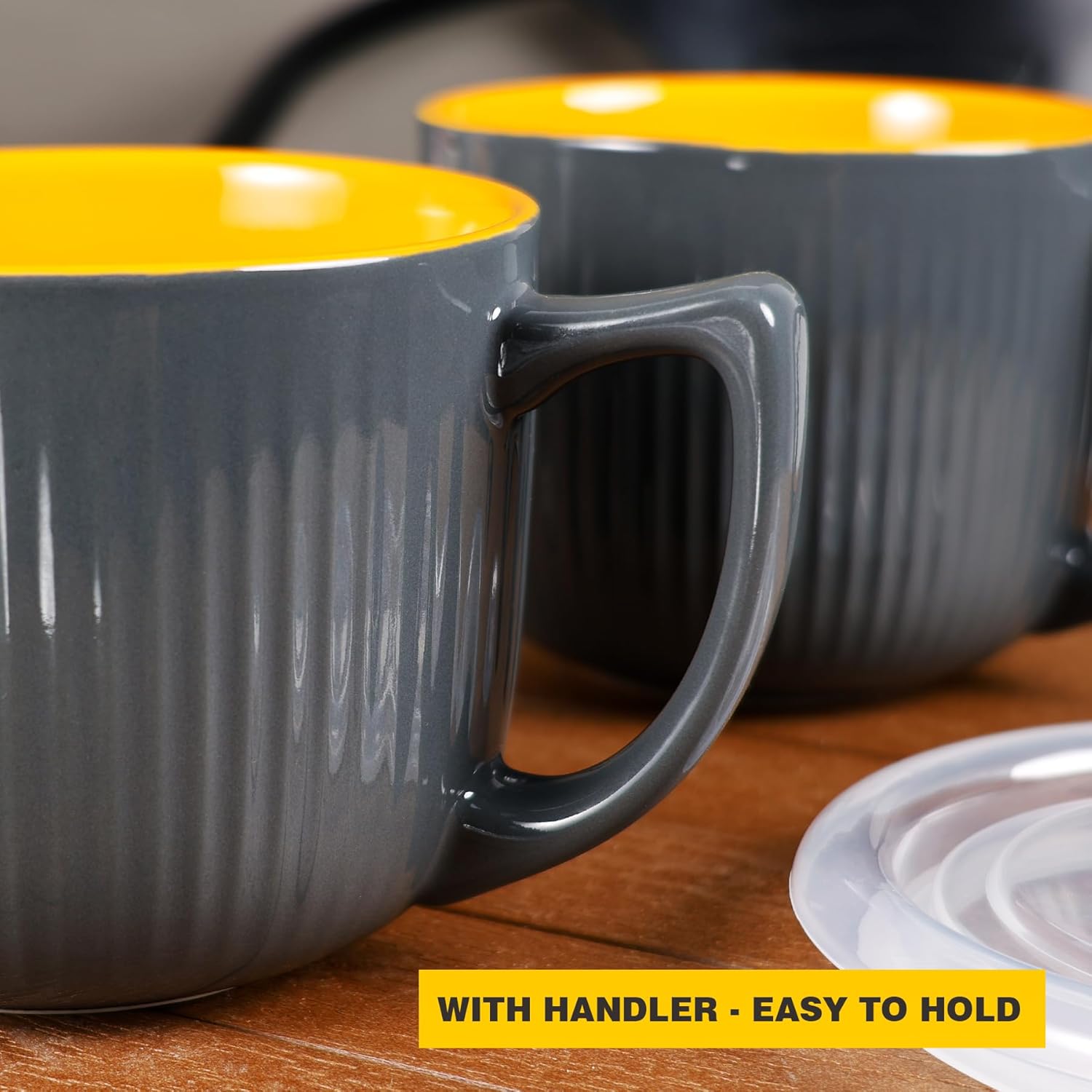 Ceramic Soup Bowls with Vented Lid, 32 Ounce Soup Mug with Handle, 2packs 5 inch Jumbo Soup Cups, Wide Large Cereal Bowl for Oatmeal, Gumbo Salad, Microwave Oven Safe (Grey)