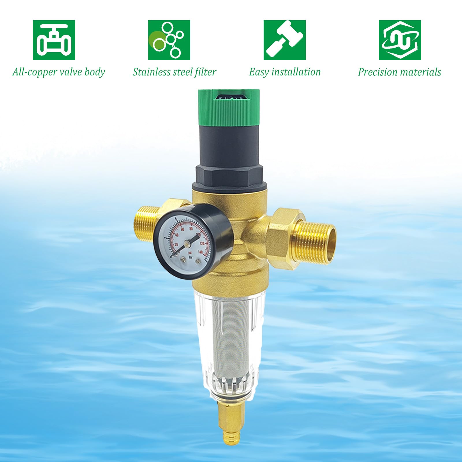 Réducteur de pression d'eau 1/2", filtre de rinçage avec réducteur de pression, valve de réduction de pression d'eau avec manomètre en laiton pour filtrer les impuretés dans l'eau