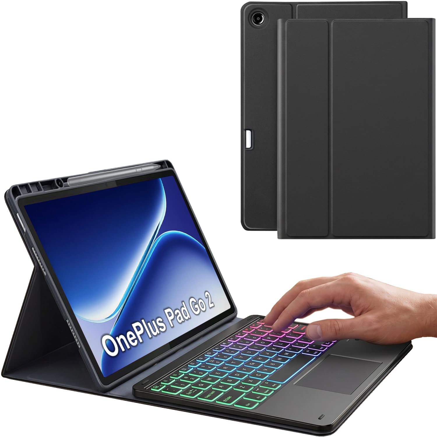 Touchpad Keyboard Case for OnePlus Pad Go 2 Tablet 12.1 Inch 2025, 7 Color Rainbow Backlit Detachable Bluetooth Trackpad Keyboard Folio Smart Cover with Pen Holder-image-4