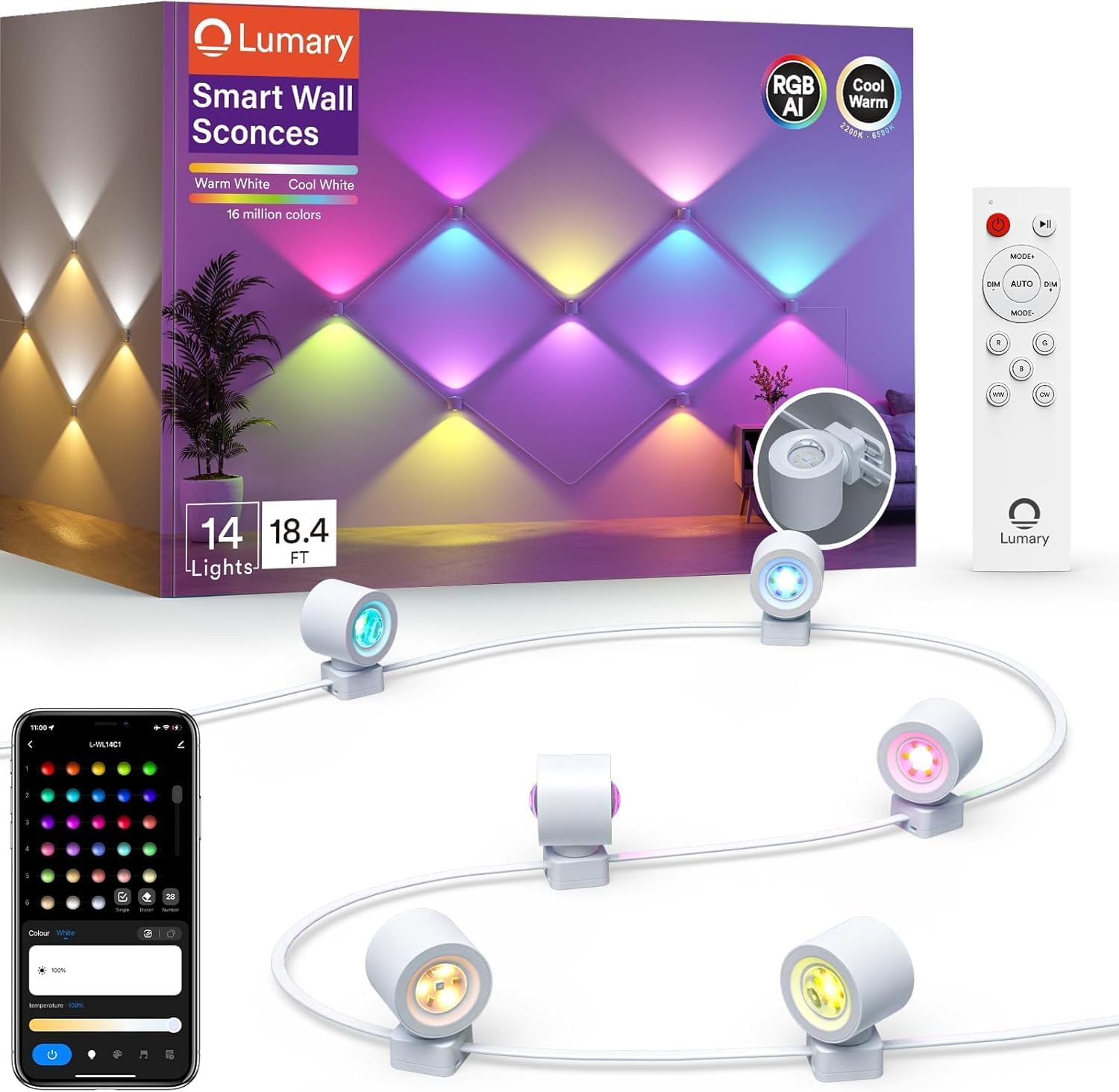 Lumary RGBAICW Smart Wall Sconces, Indoor Up Down Wall Lights 18.4ft with 14 LEDs Color Changing DIY Light Fixture for Bedroom, Living Room, Party, Home Decor, Compatible with Alexa/Google Assistant Lumary RGBAICW Smart Wall Sconces, Indoor Up Down Wall Lights 18.4ft with 14 LEDs Color Changing DIY Light Fixture for Bedroom, Living Room, Party, Home Decor, Compatible with Alexa/Google Assistant