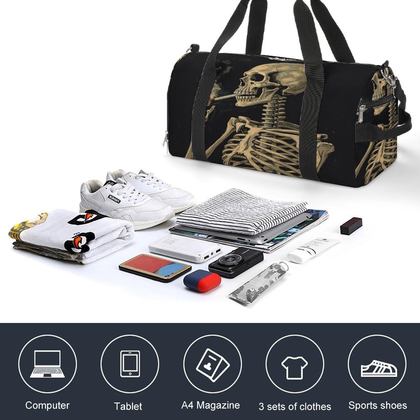Fitness-Tasche, ein Skelett mit brennender Zigarette, Sporttasche, Reise-Fitness-Tasche, Essentials-Turnbeutel, Turnbeutel mit Schuhfach, Stil, Stil, Einheitsgröße, modern, Stil:,