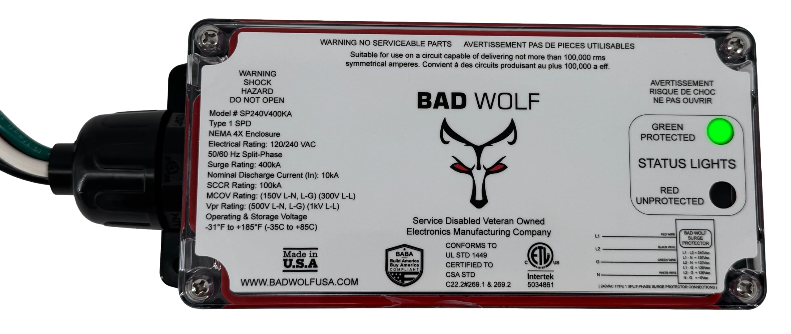 Bad Wolf SP240V400KA Whole House Surge Protector ETL Listed Type 1 SPD, 400kA, 120/240V Split Phase, NEMA 4X, with EM Protection