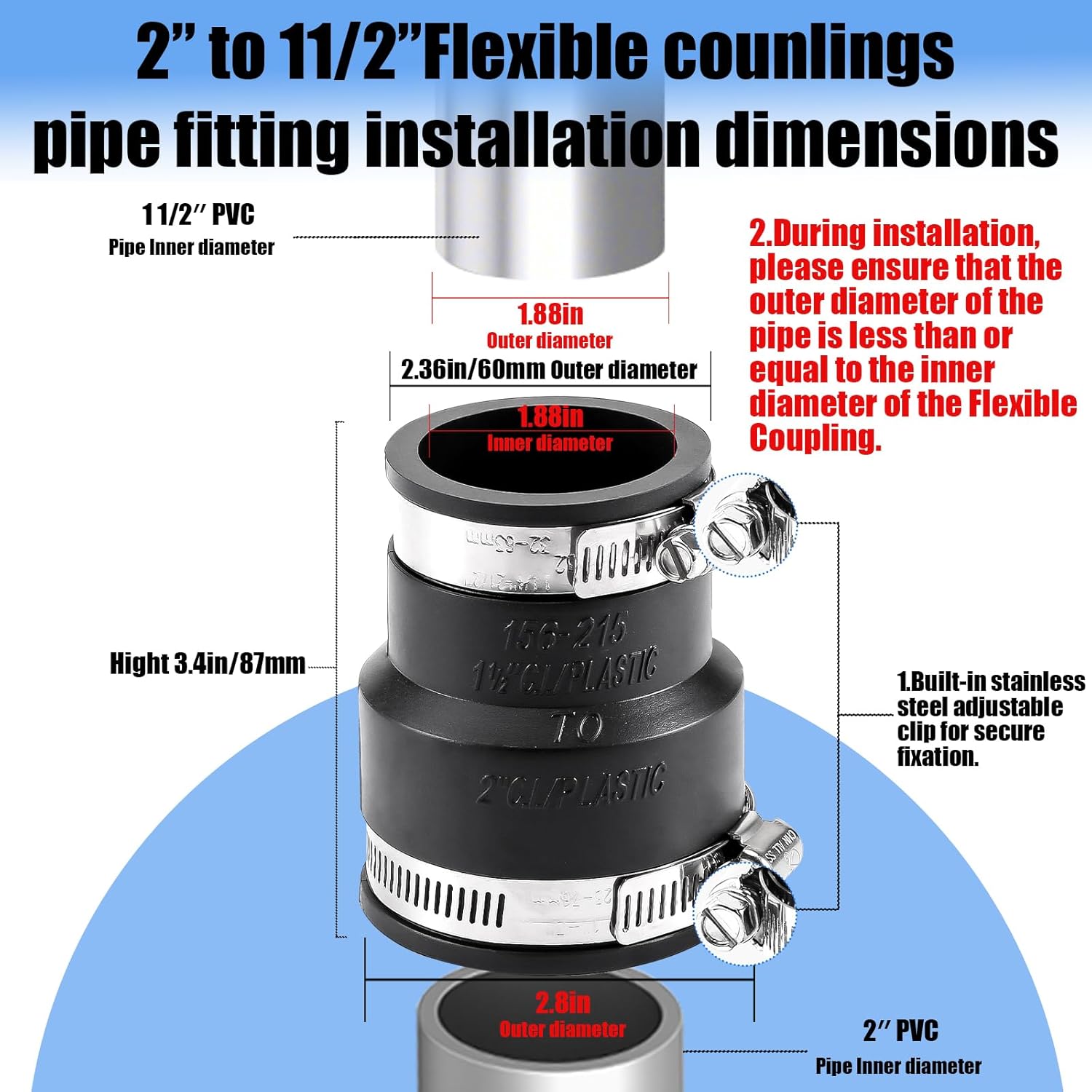 1 1/2" to 2" Flexible Pvc Pipe Coupling with Stainless Steel Clamp, Flexible Fitting for Connecting Cast Iron, Plastic and Copper Pipes, for Sewer and Drain Connections(Black)