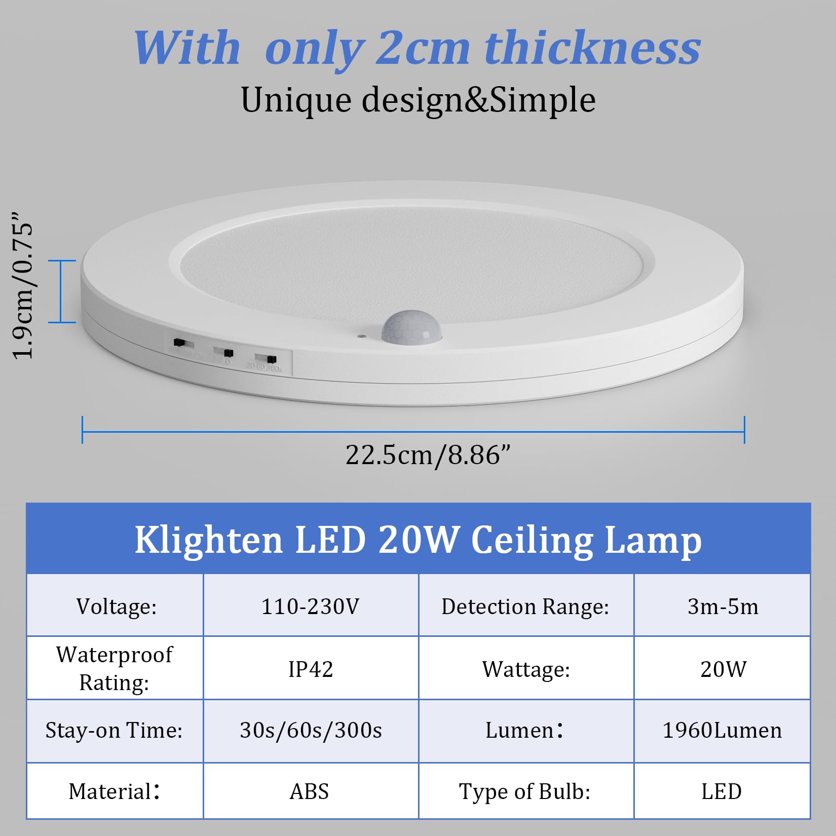 Klighten Led-plafondlamp met bewegingsmelder, 36 W, 3240 lm, diameter 23 cm, warm licht, 3000 K, moderne plafondlamp voor hal, trappenhuis, wit, rond Klighten Led-plafondlamp met bewegingsmelder, 36 W, 3240 lm, diameter 23 cm, warm licht, 3000 K, moderne plafondlamp voor hal, trappenhuis, wit, rond